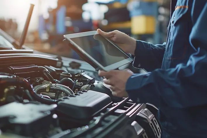 ASE certified mechanic using a tablet to diagnose a car engine in a repair shop during a vehicle service contract claim