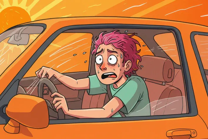 Cartoon illustration of a distressed driver sweating in an overheating car on a hot summer day