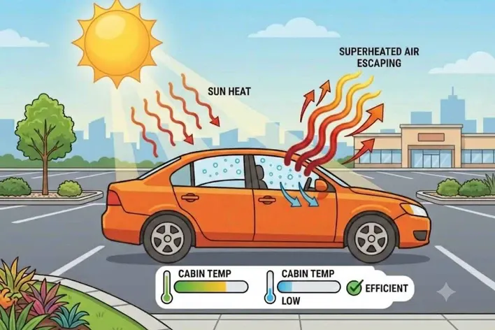 Diagram showing how solar heat builds up inside a parked car cabin and how proper ventilation reduces interior temperature in summer