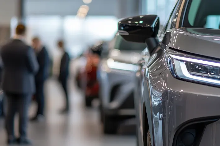 Customers browsing new vehicles at a car dealership where powertrain warranty coverage begins at the point of purchase