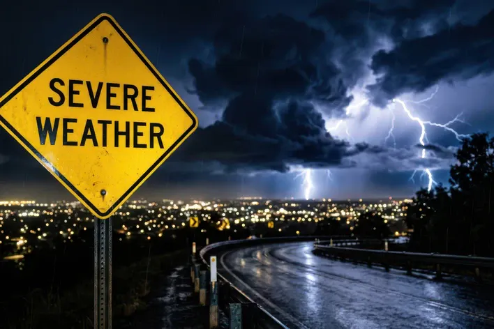 Severe weather road warning sign, with dark clouds and lightning strikes over a wet highway at night