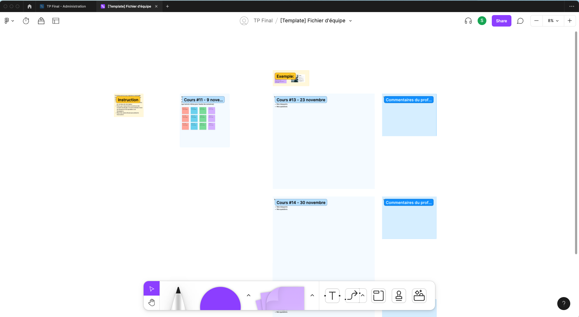 <p>Gabarit FigJam pour l'organisation des équipes et de leur avancement chaque semaine. (<a href="https://www.figma.com/file/bT8rPivfojx31eoXo9KmO9/%5BTemplate%5D-Fichier-d'%C3%A9quipe?type=whiteboard&amp;node-id=0%3A1&amp;t=OFBgGOtGPVg8gdIn-1" target="_blank" rel="noopener noreferrer">Lien pour le consulter</a>)</p>