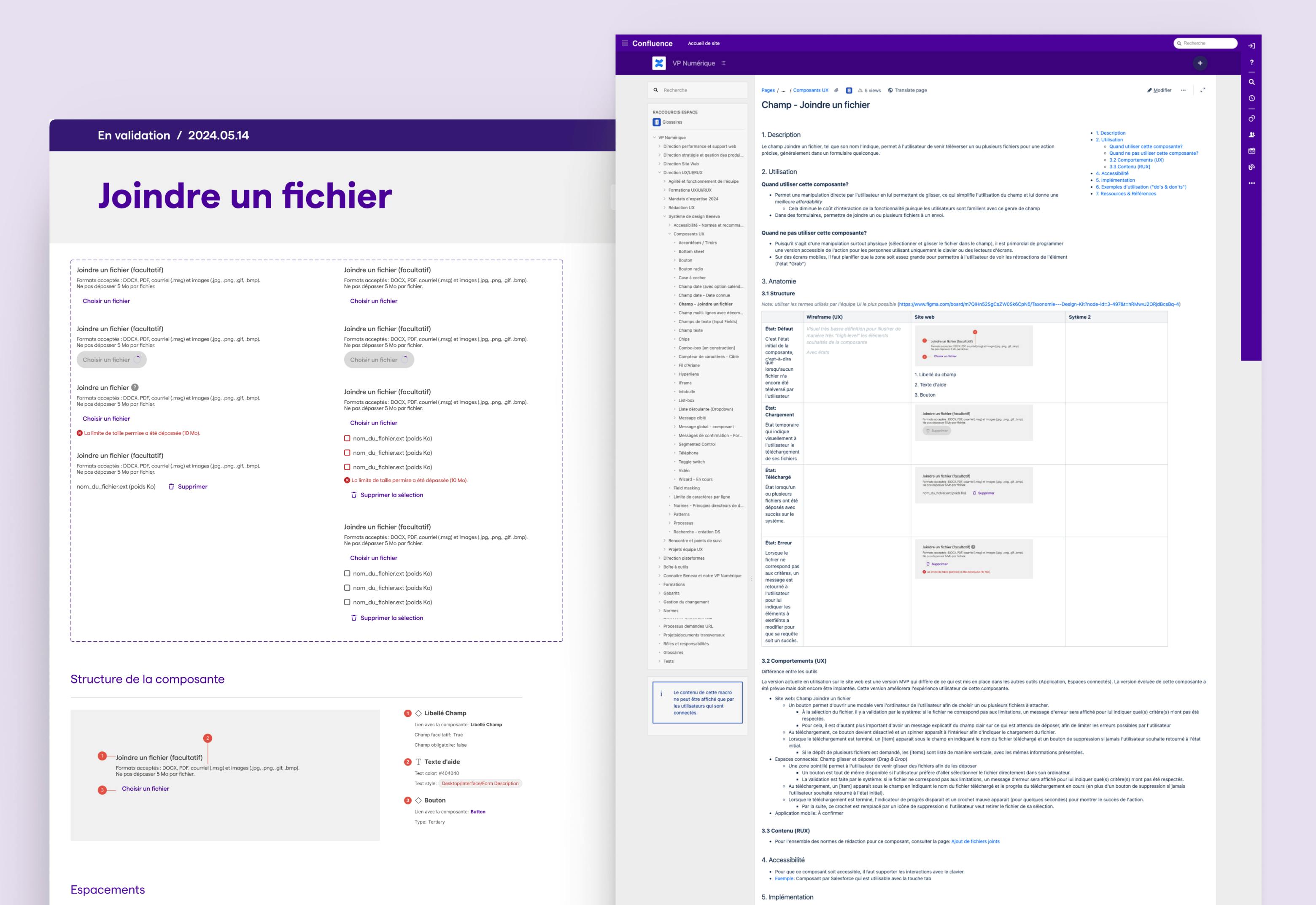 Gabarit de documentation mis en place pour la rédaction de normes UX/UI/RUX pour chacune des composantes utilisées dans les différents outils, en plus de l’ajout d’éléments visuels à l’intérieur des librairies Figma.