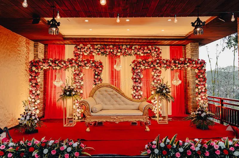 Red and Golden theme wedding stage ideas