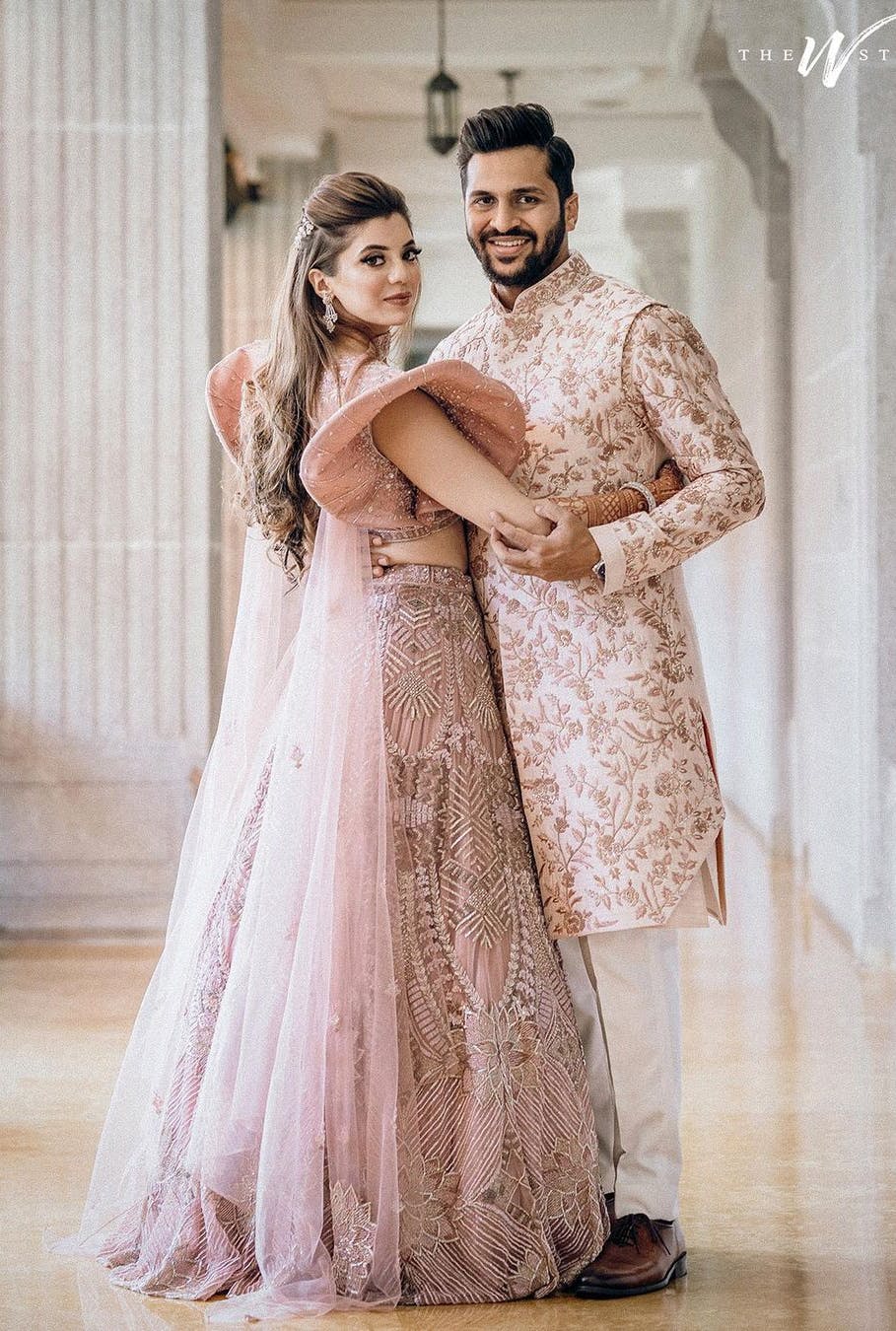 Blush Pink Lehenga and Coordinating Groom Outfit
