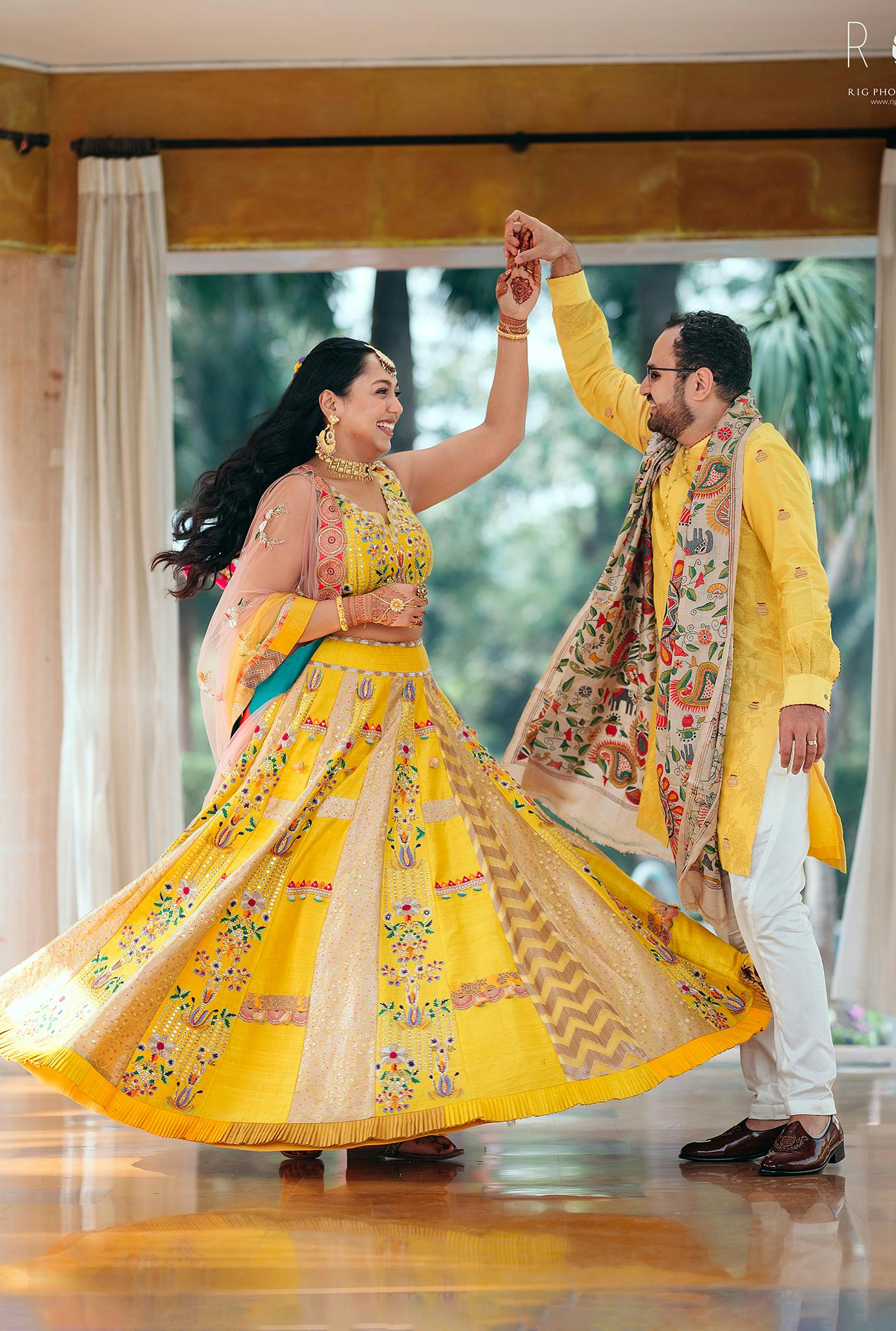 yellow lehenga and kurta combination - Pre wedding dress ideas 
