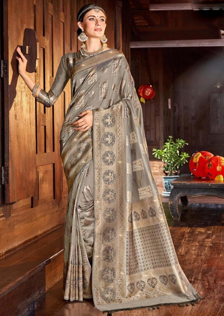 Banarasi Silk Bridal Saree In Grey Color With Printed Work