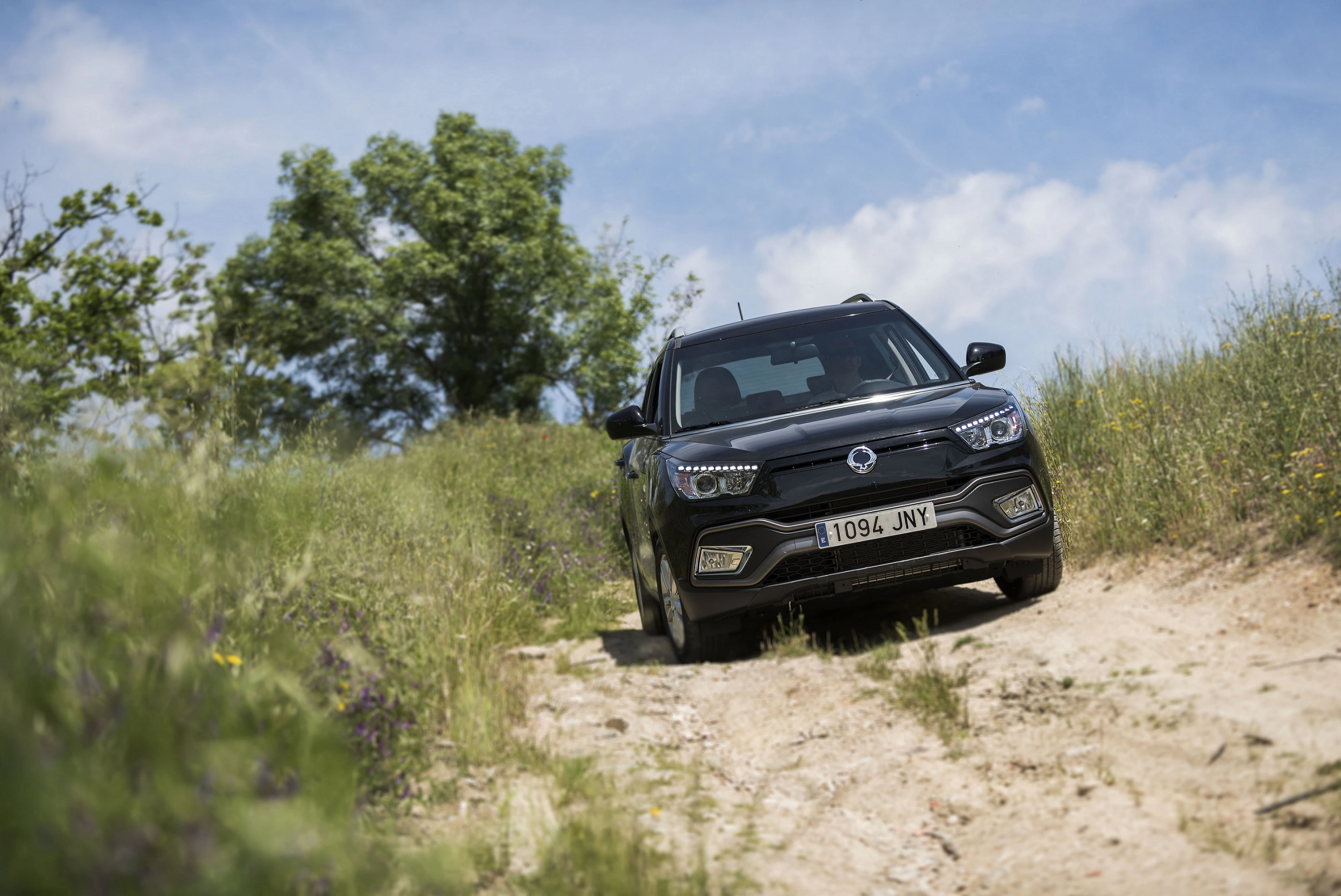 Ein schwarzes SUV fährt auf einem unbefestigten Weg in ländlicher Umgebung bergab, umgeben von grüner Vegetation und einem Baum im Hintergrund.