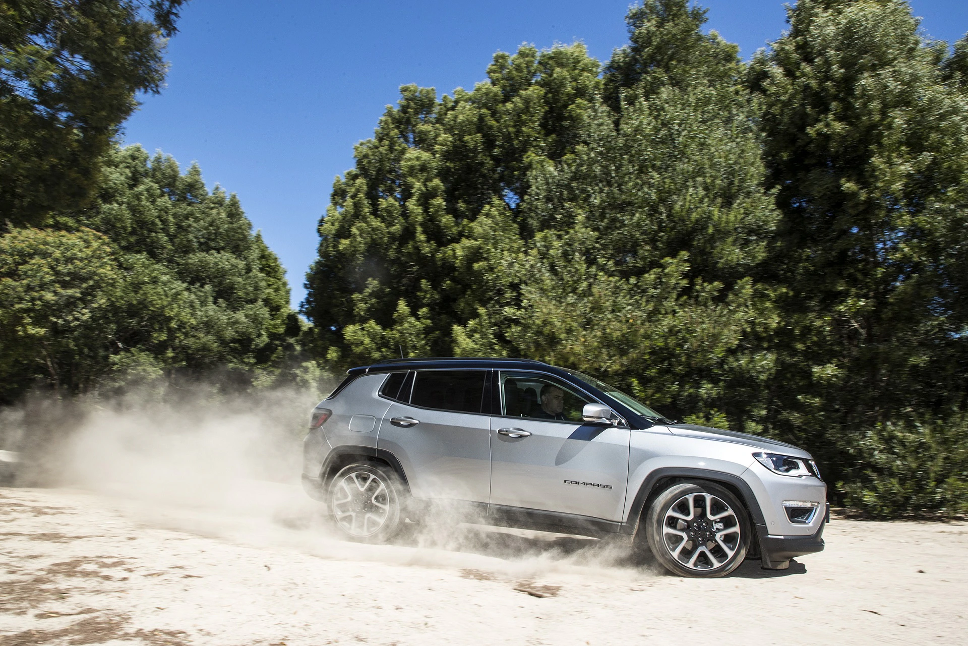 Silberner SUV fährt auf sandigem Gelände, wirbelt Staub auf. Im Hintergrund sind hohe, grüne Bäume unter klarem, blauem Himmel zu sehen.