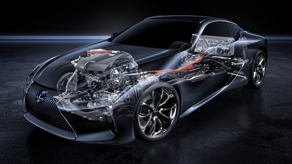 Transparente Ansicht eines Autos, die Motor, Antriebsstrang und Mechanik zeigt, mit einem futuristischen, dynamischen Look.