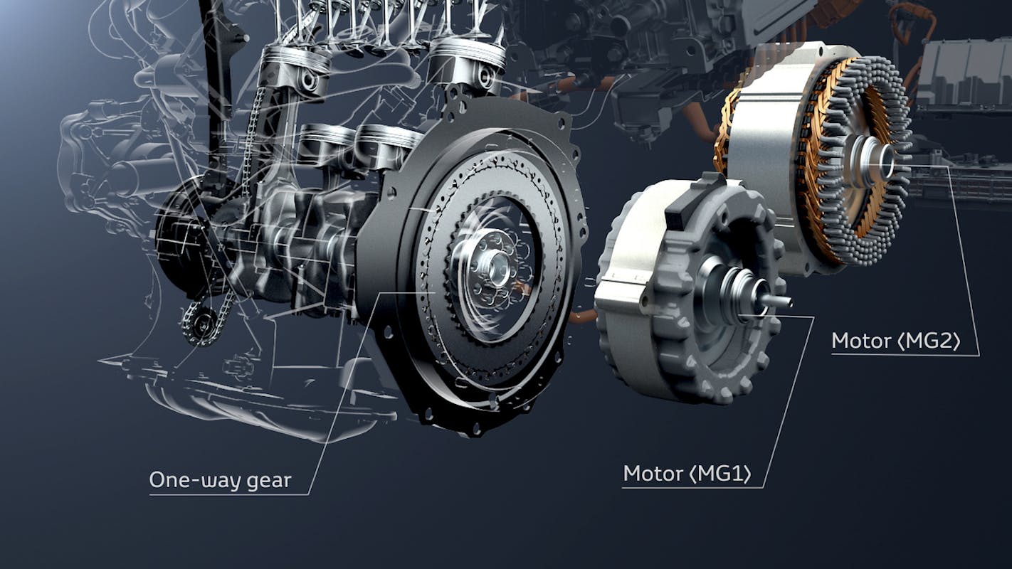 Detailansicht eines Hybridmotors mit Beschriftungen: Einweggetriebe, Motor (MG1) und Motor (MG2), vor einem dunklen Hintergrund.