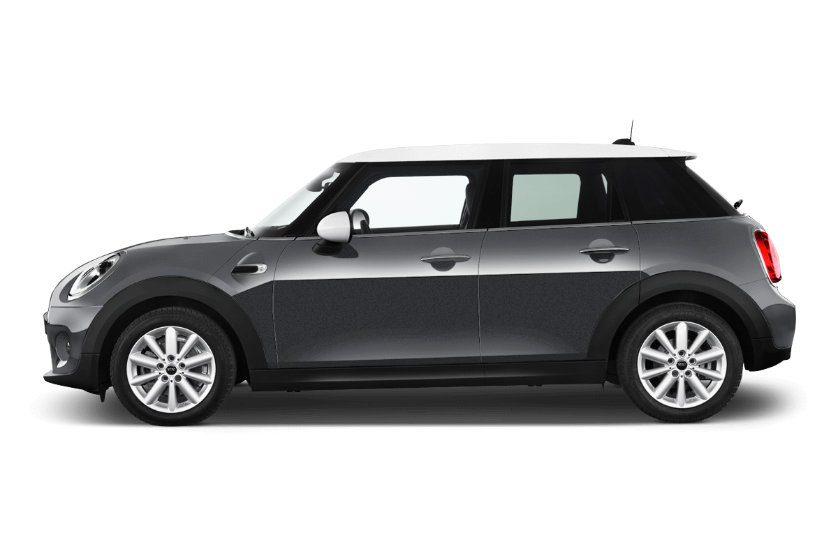 Schwarzer Mini Cooper mit weißem Dach, Seitenansicht. Fünf Türen, silberne Felgen und kompakte Bauweise.