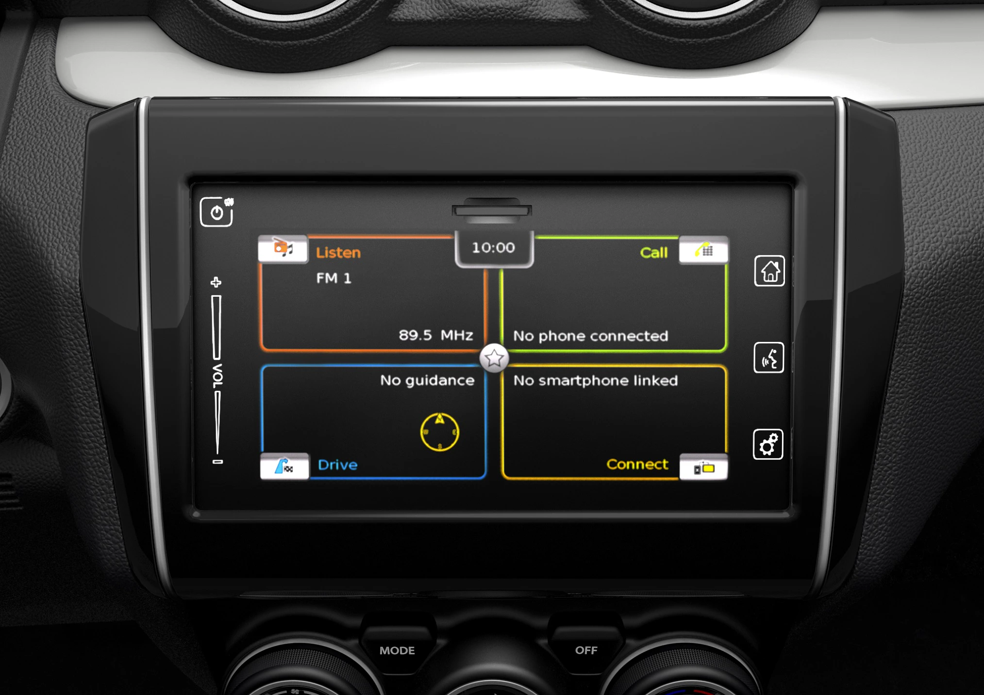 Ein Autoinfotainmentsystem zeigt Uhrzeit und Optionen: Radio hören, Anruf, Fahren (keine Navigation) und Smartphone verbinden.