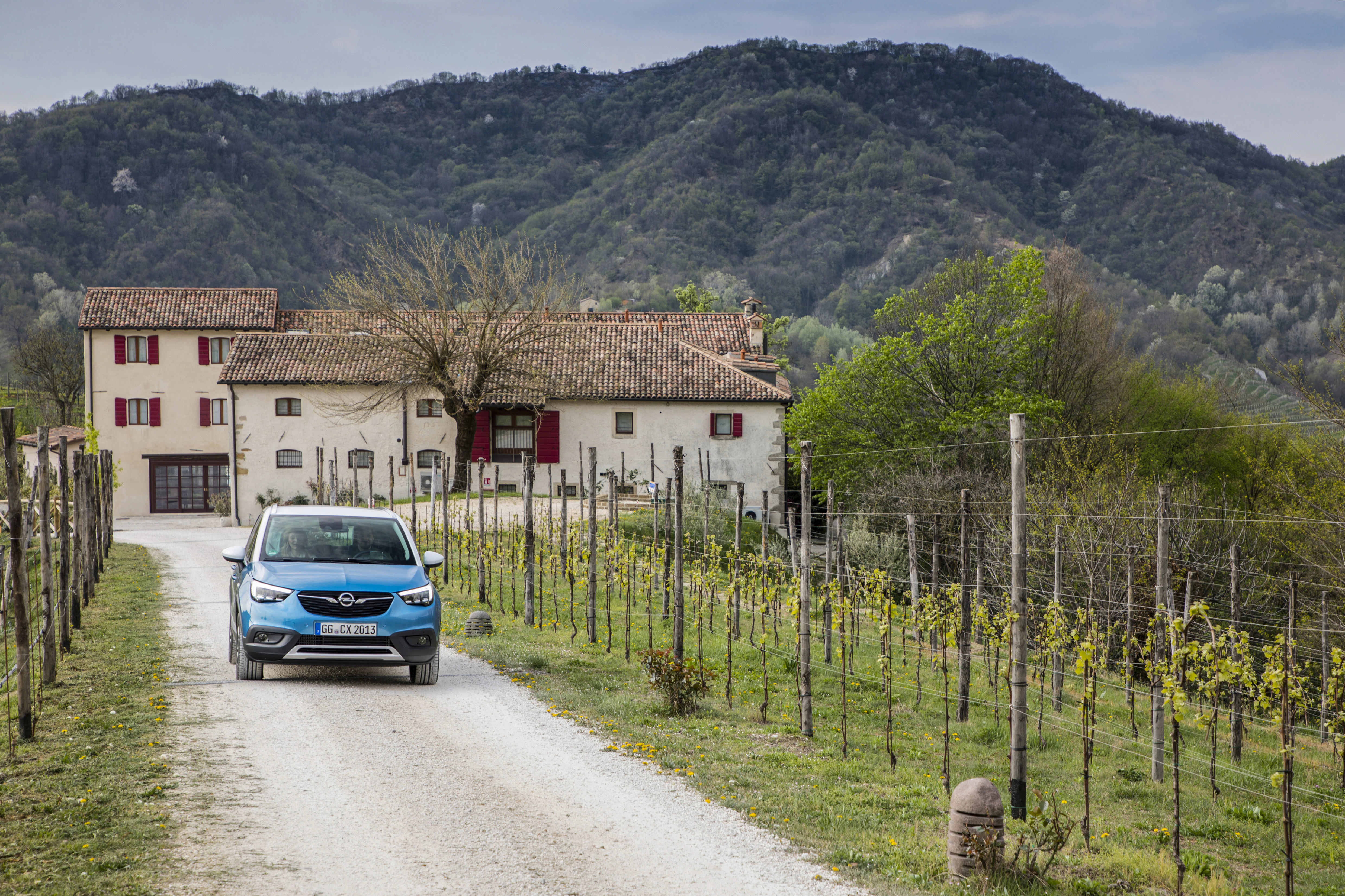 Ein blaues Auto fährt auf einem Schotterweg durch Weinberge, ein Bauernhaus und bewaldete Hügel im Hintergrund.