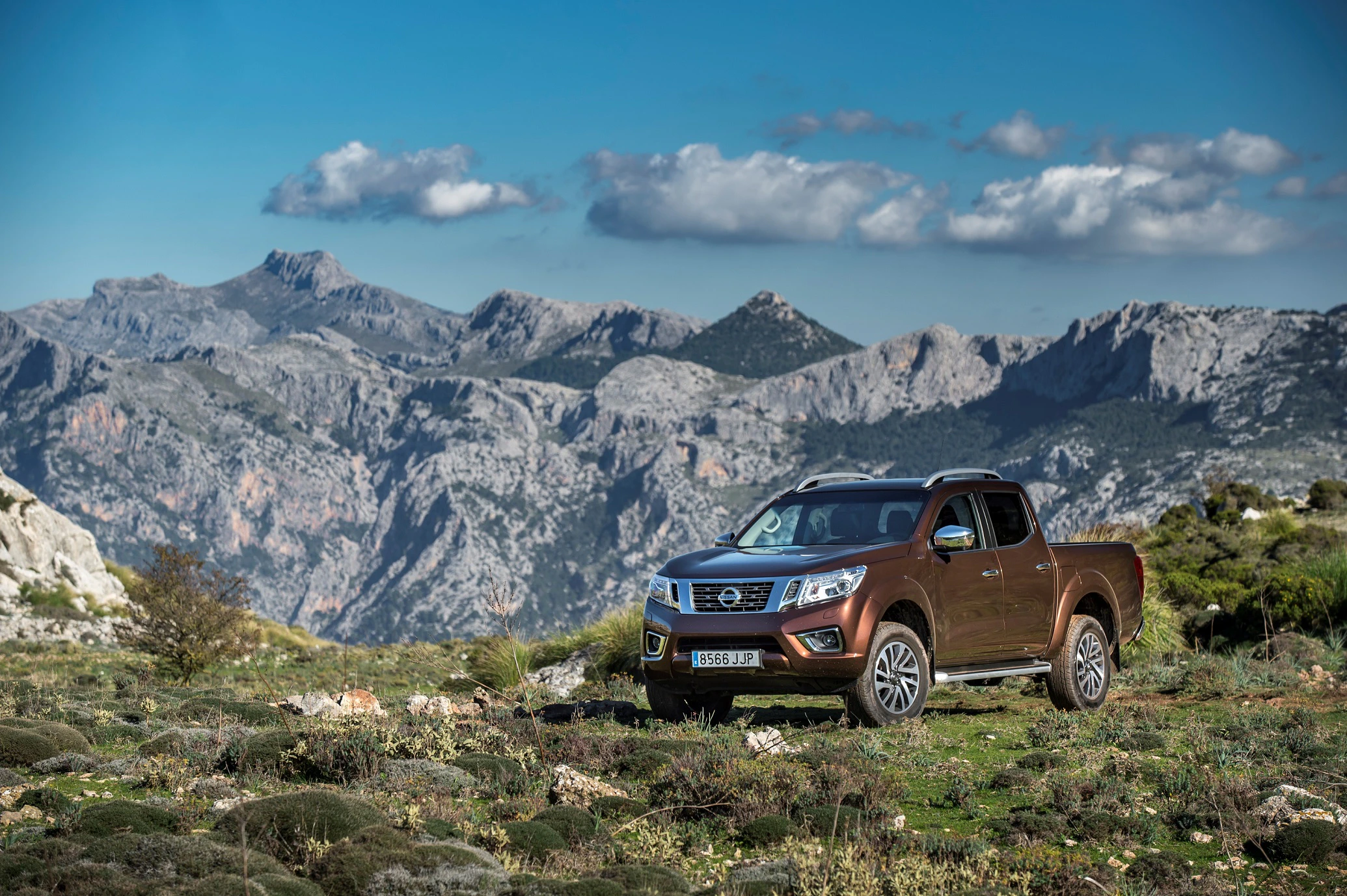 Ein brauner Pickup steht auf einer Wiese vor einer malerischen Bergkulisse unter blauem Himmel.