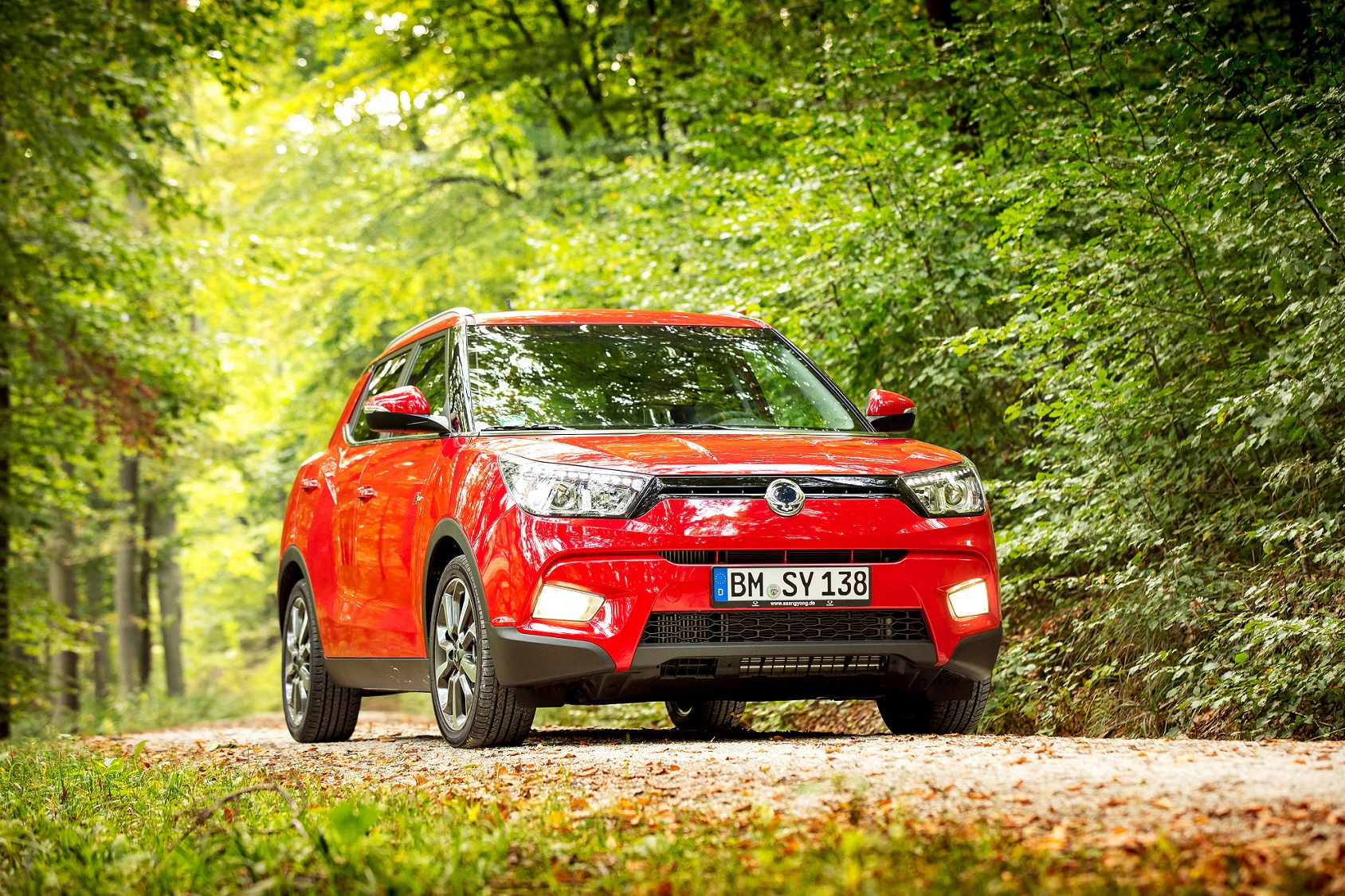 Roter SUV auf einem Waldweg, umgeben von grünen Bäumen, unter einem sonnigen Himmel. Fahrzeugkennzeichen: BM SY 138.