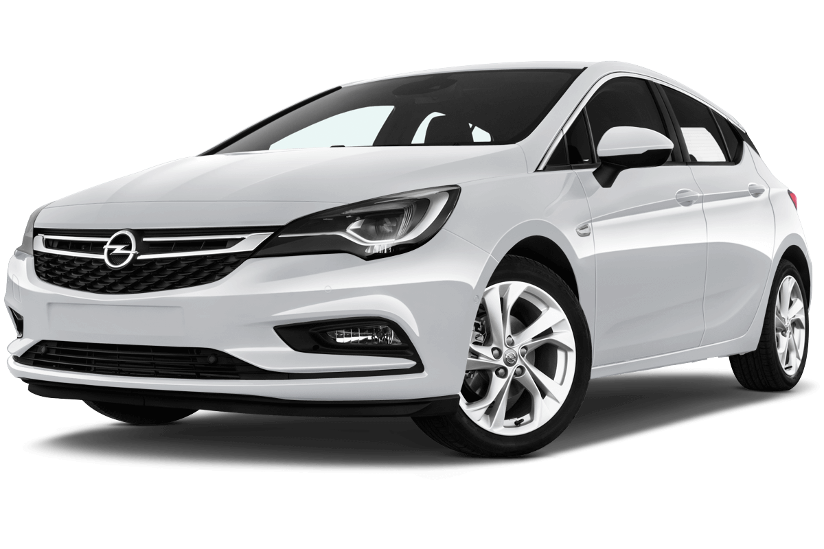 Weißer Opel Astra 5-Türer, seitliche Vorderansicht, glänzend und modern, auf neutralem Hintergrund.