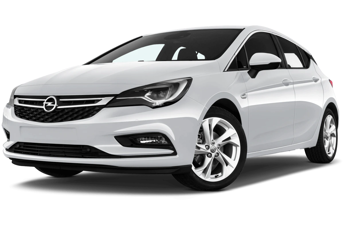 Weißer Opel Astra 5-Türer, seitliche Vorderansicht, glänzend und modern, auf neutralem Hintergrund.