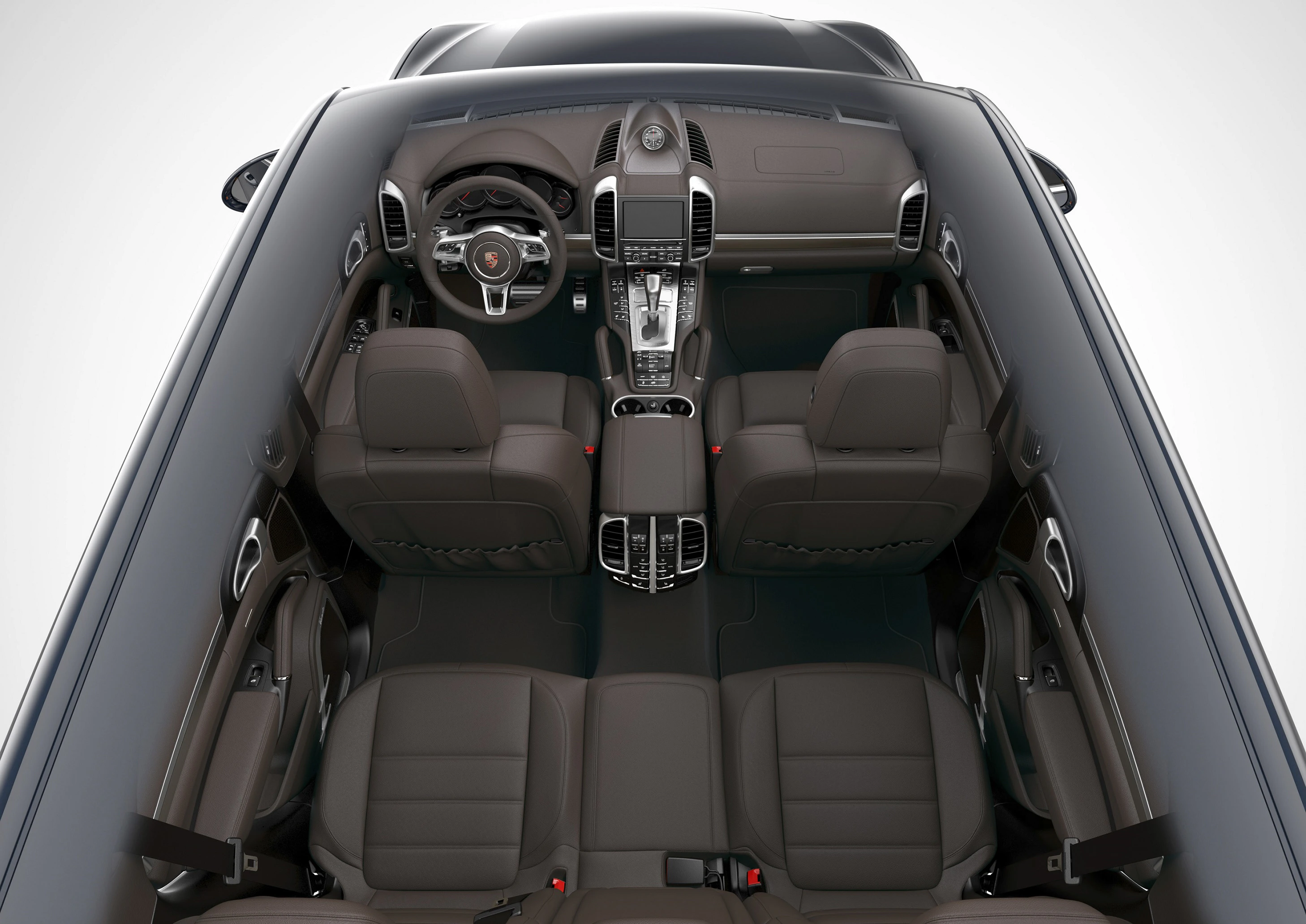 Innenansicht eines luxuriösen Autos von oben, mit schwarzem Leder und moderner Ausstattung. Bequeme Sitze für fünf Personen sichtbar.