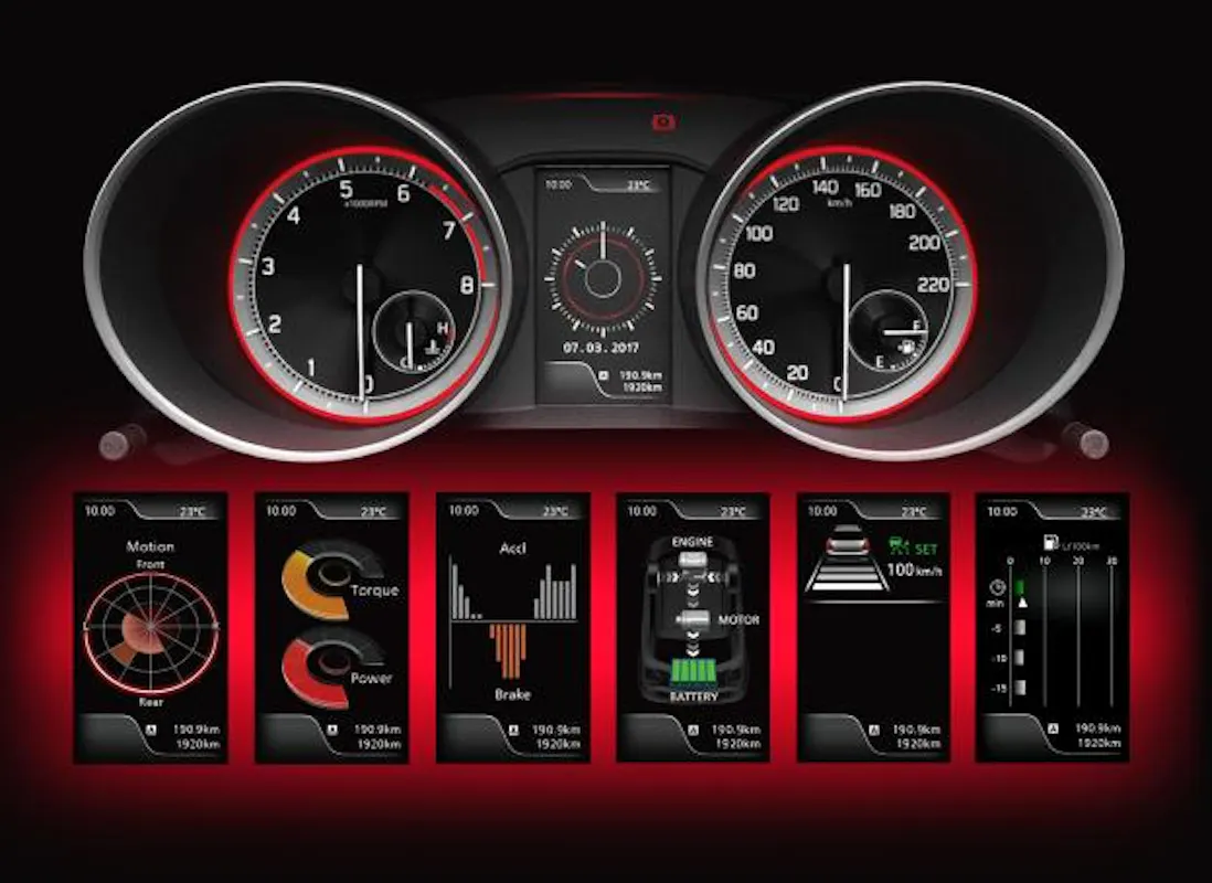 Digitales Armaturenbrett mit Tachometer, Drehzahlmesser und mehreren Info-Displays, die Geschwindigkeit, Leistung und Motorstatus zeigen.