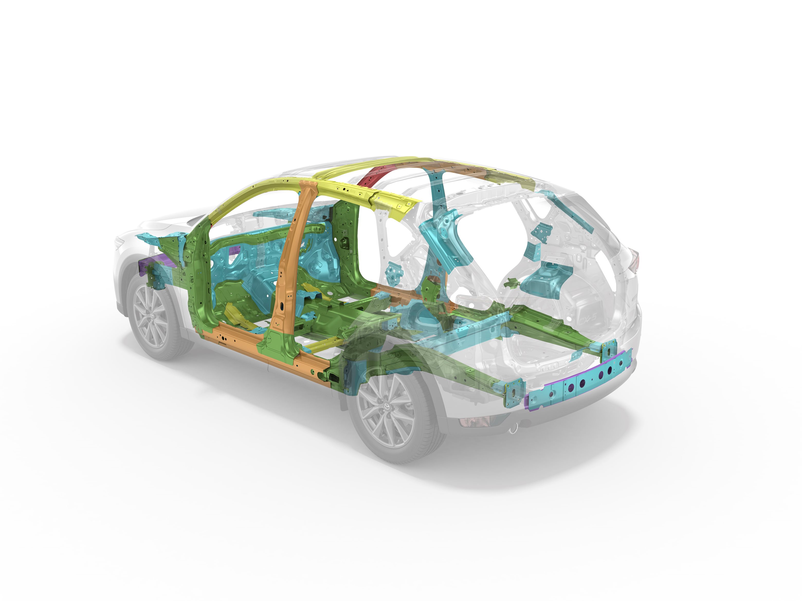 Transparente Darstellung eines Autos mit farblich hervorgehobenem Chassis, das die innere Struktur und Rahmenkonstruktion zeigt.