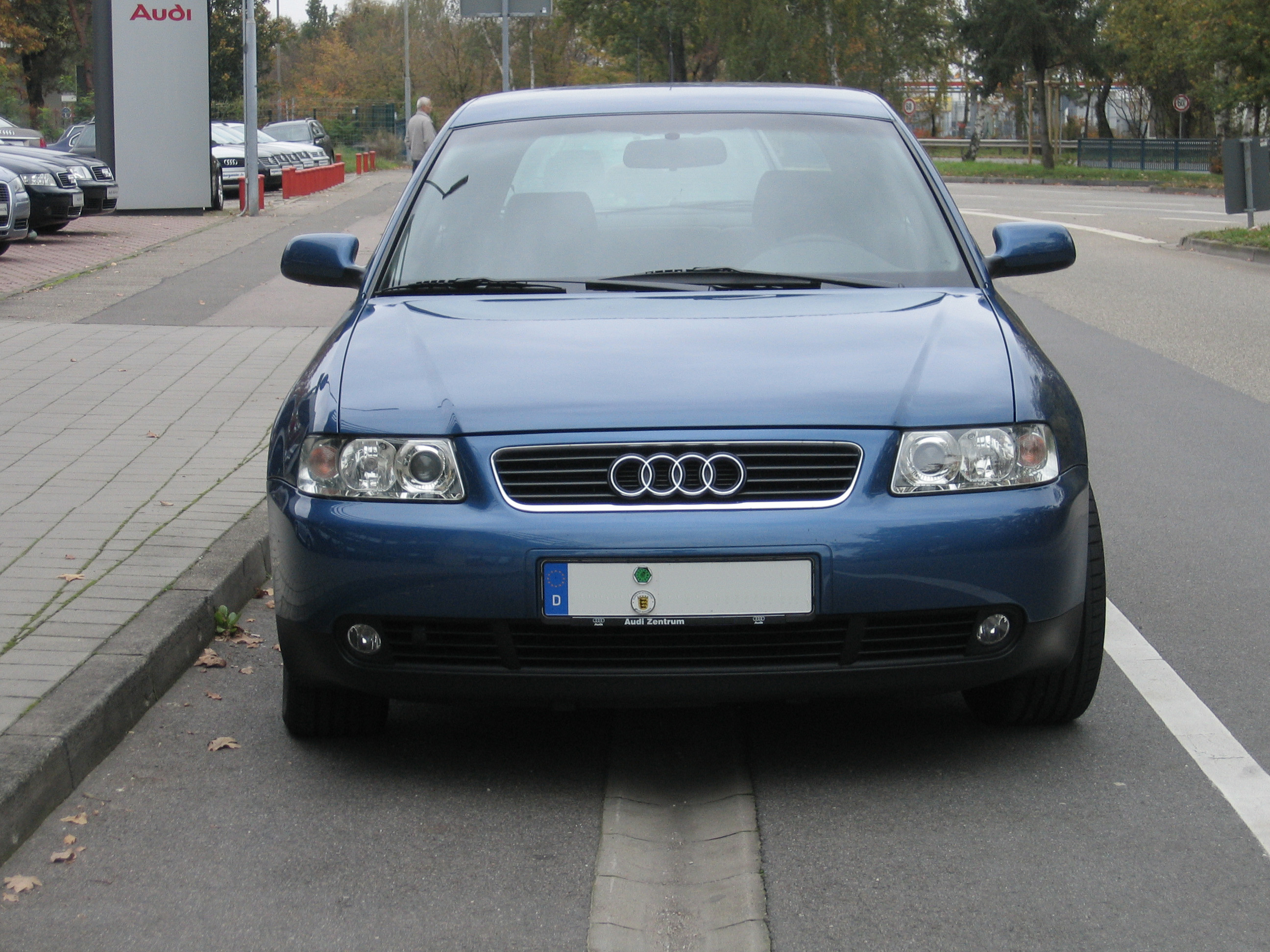 Blauer Audi A3 parkt schräg auf einem schmalen Streifen zwischen Straße und Gehweg an einem bewölkten Tag.