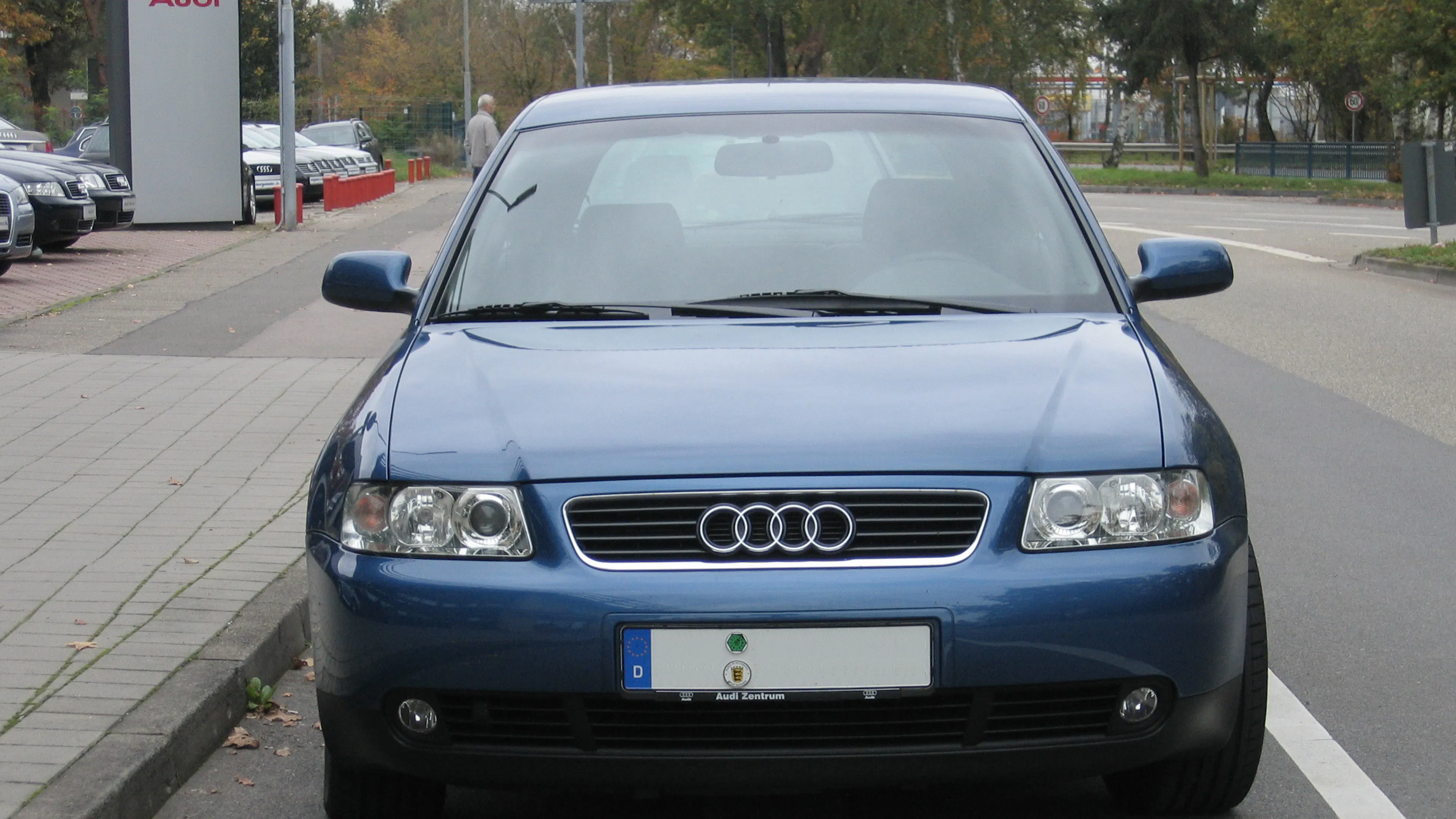Blauer Audi A3 parkt schräg auf einem schmalen Streifen zwischen Straße und Gehweg an einem bewölkten Tag.