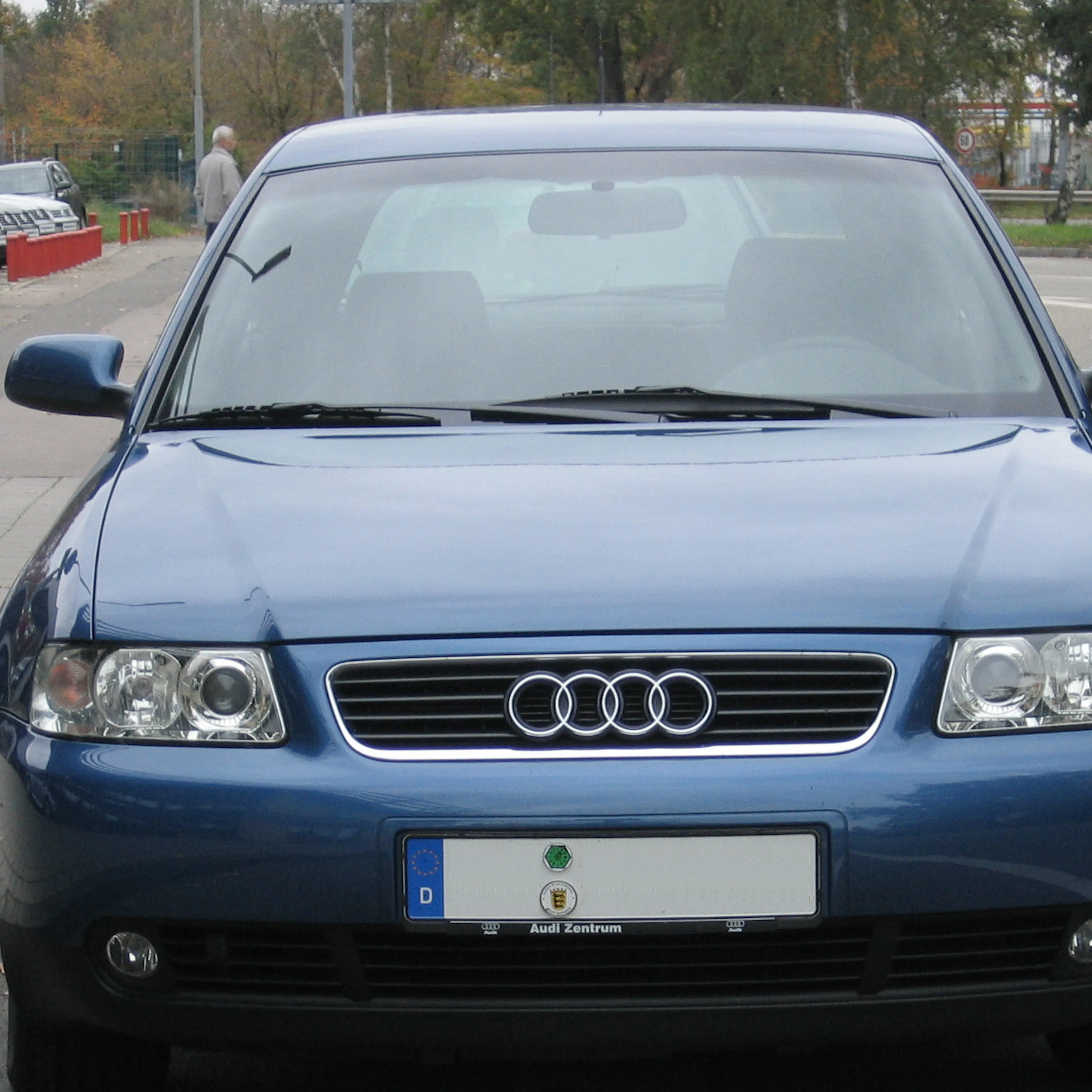Blauer Audi A3 parkt schräg auf einem schmalen Streifen zwischen Straße und Gehweg an einem bewölkten Tag.