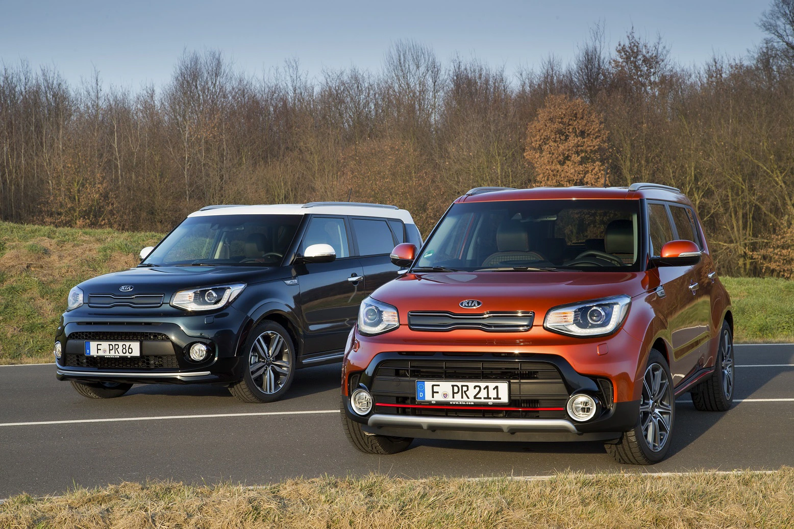Zwei farbige Kompakt-SUVs parken auf einer Straße. Im Hintergrund Bäume und Wiese. Ein Auto ist orange, das andere schwarz-weiß.