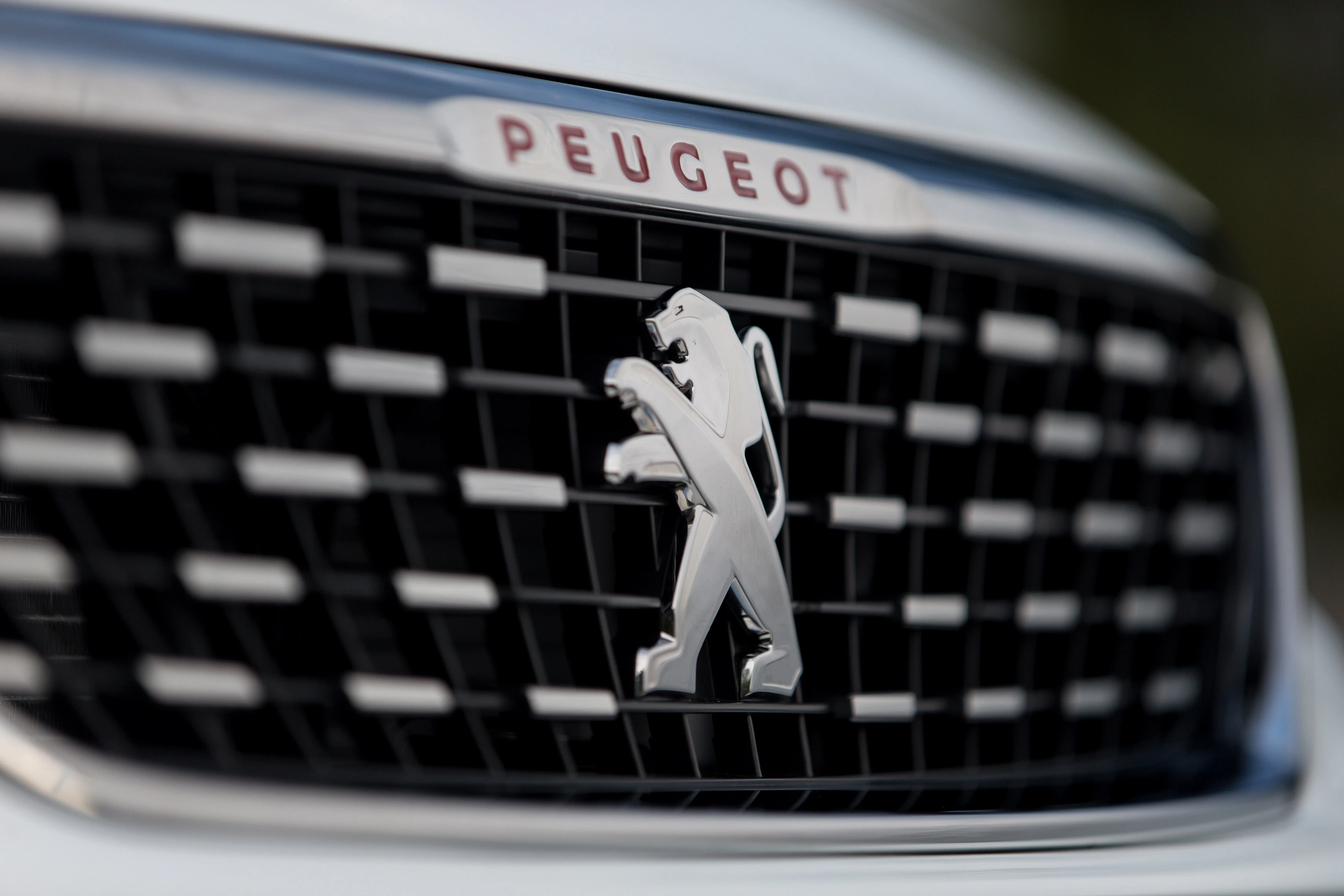 Nahaufnahme eines Peugeot-Kühlergrills mit Löwenemblem und Markenname.