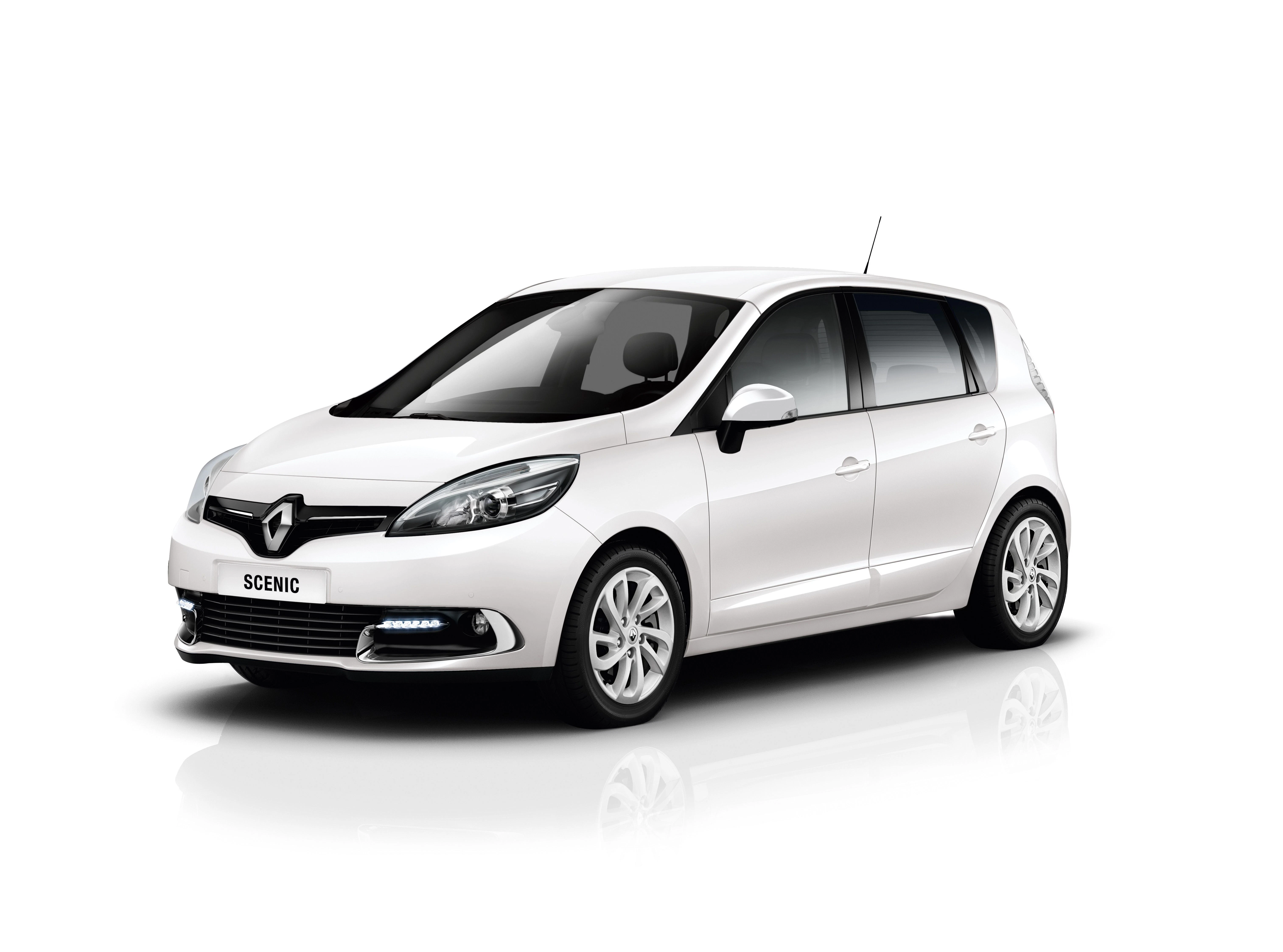 Weißer Renault Scenic Kompaktwagen, Seitenansicht, auf weißem Hintergrund, mit modernen Scheinwerfern und eleganten Linien.