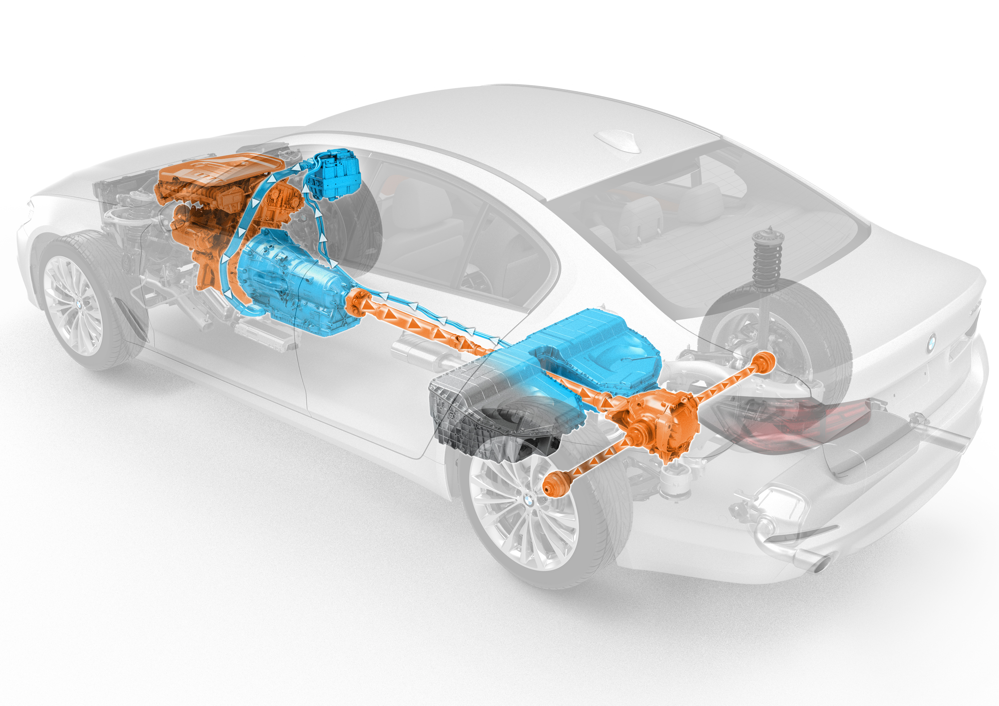 Schematische Darstellung eines Autos mit hervorgehobenen Antriebskomponenten in Blau und Orange, die durch das transparente Fahrzeug sichtbar sind.