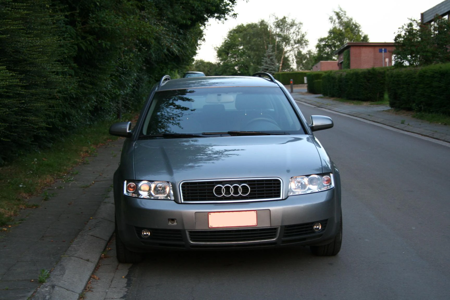 Silberner Audi-Kombi parkt am Straßenrand auf einer ruhigen, von Bäumen gesäumten Straße bei Tageslicht.
