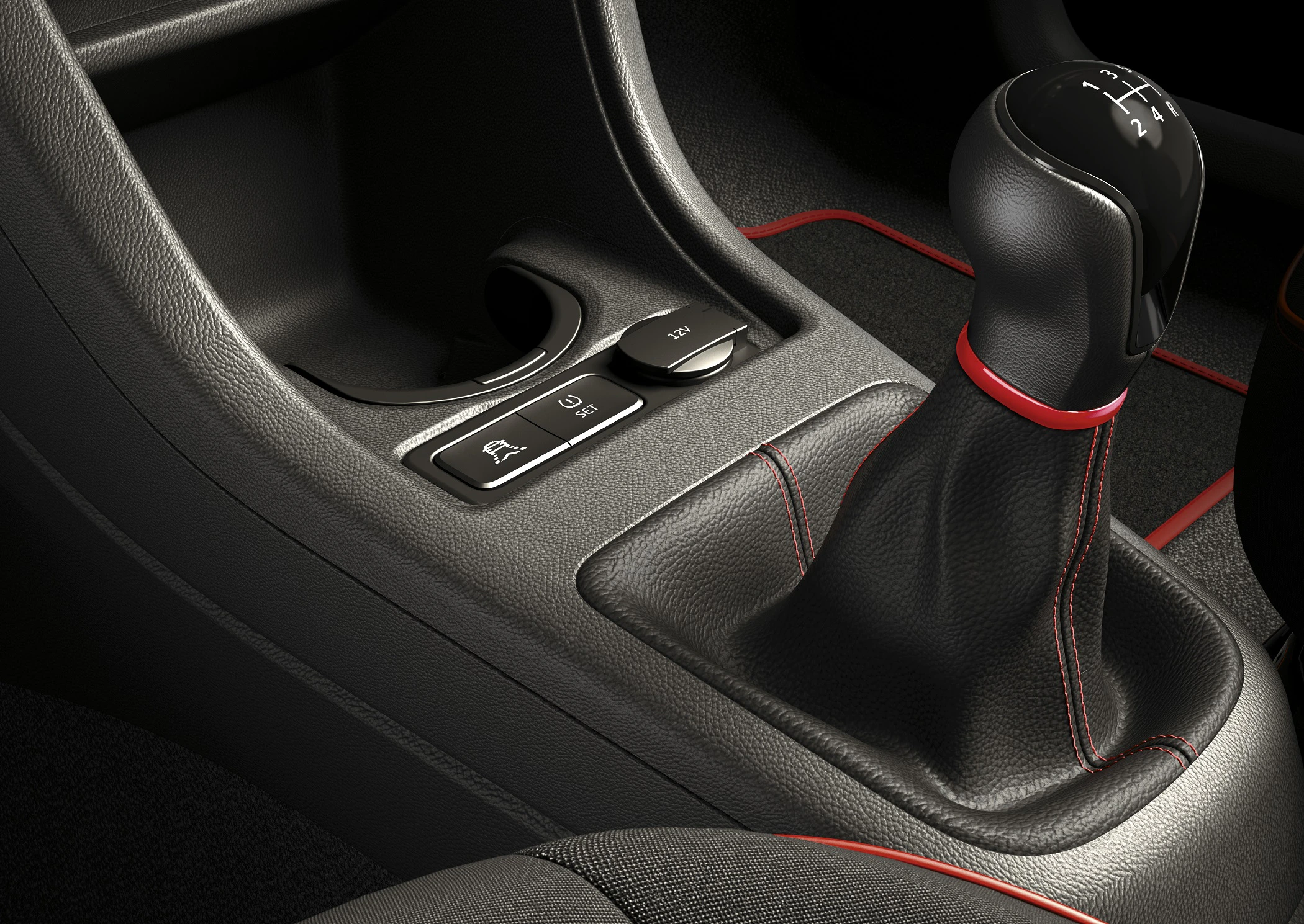 Schwarzer Schalthebel in einem Auto mit roten Nähten, umgeben von schwarzen Konsolenelementen und zwei Tasten.