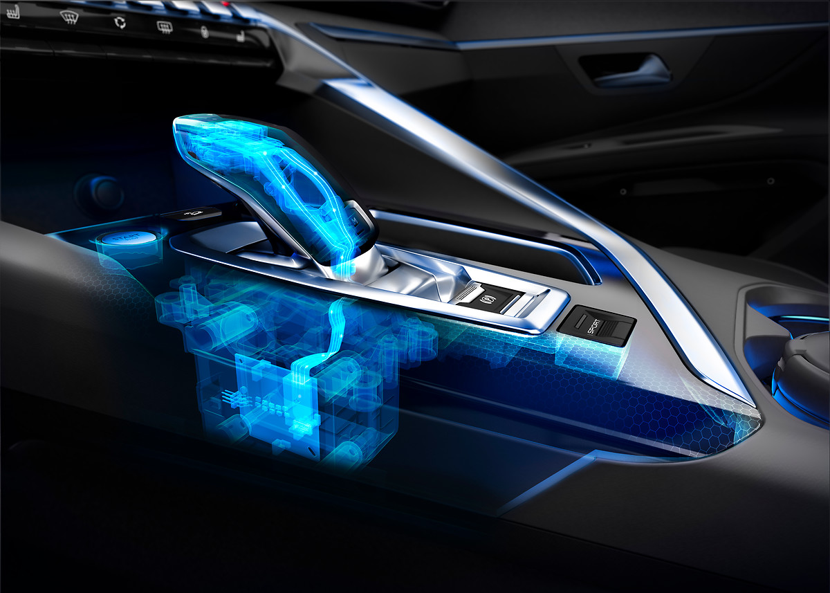 Futuristischer Autoschaltknüppel mit transparenter blauer Technologie-Überlagerung, die interne Mechanik zeigt.