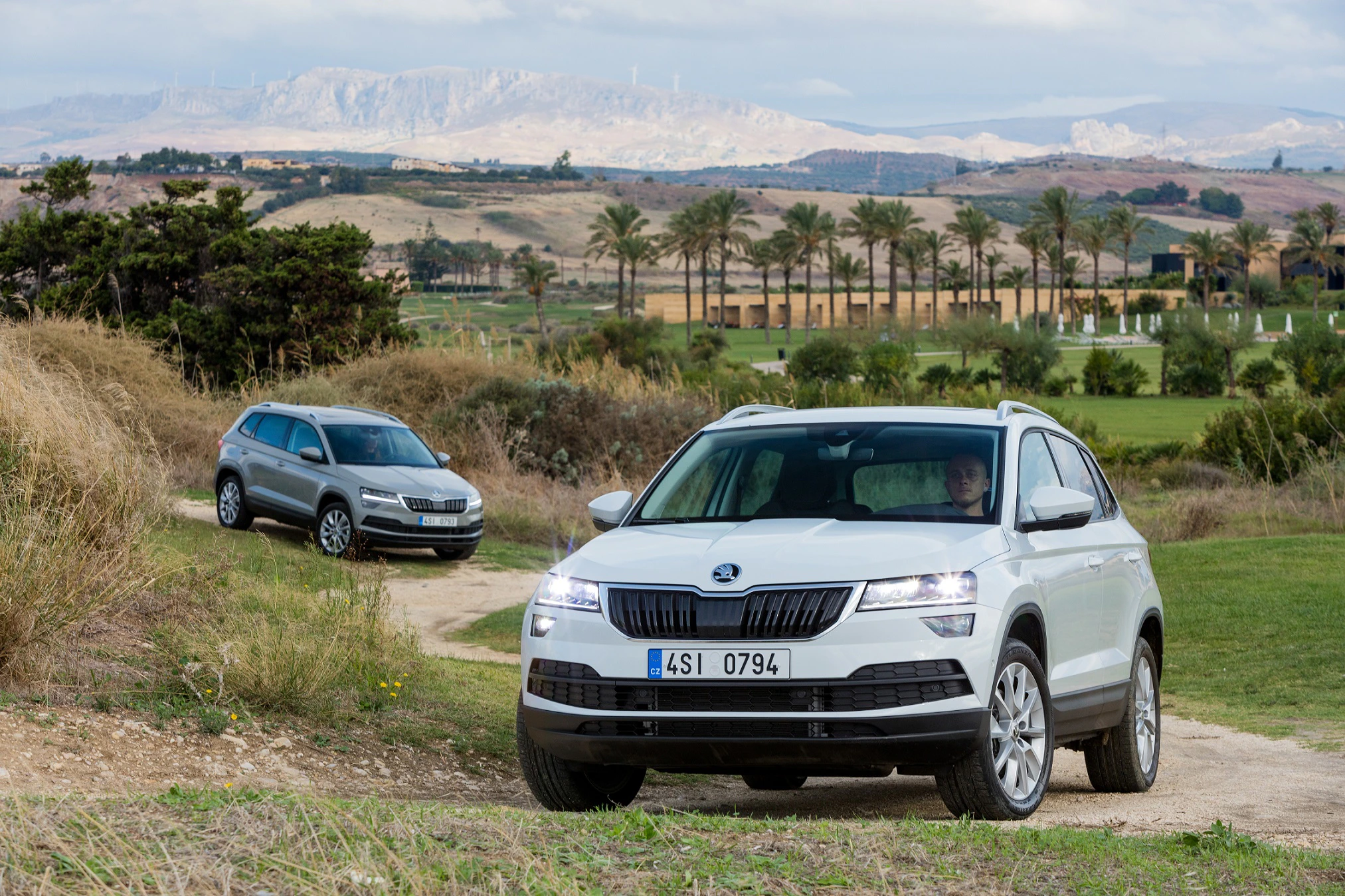 Zwei SUVs fahren auf einem Schotterweg durch eine malerische Landschaft mit Palmen und Bergen im Hintergrund.