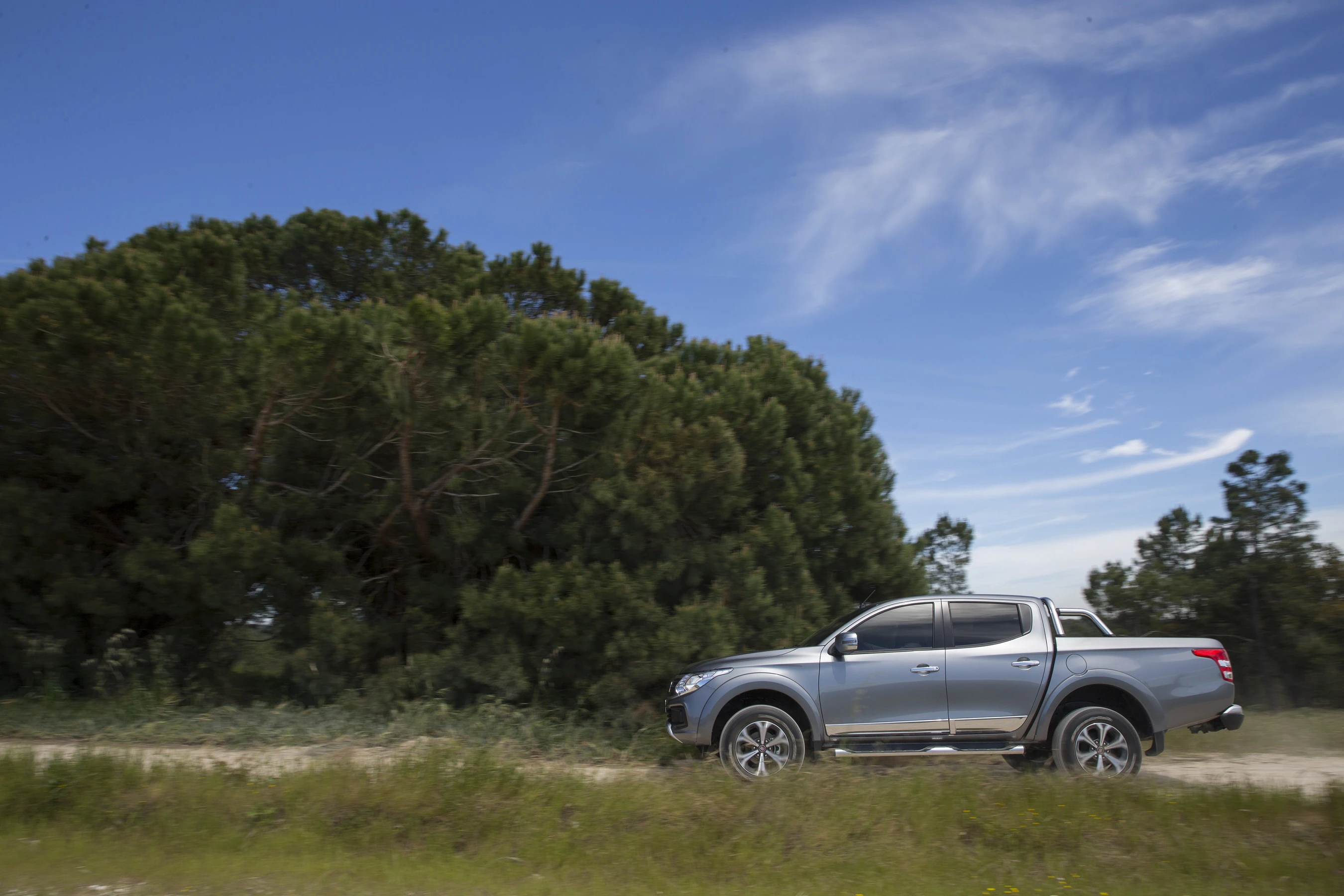 Silberner Pickup fährt auf einem unbefestigten Weg neben großen Kiefern unter blauem Himmel.