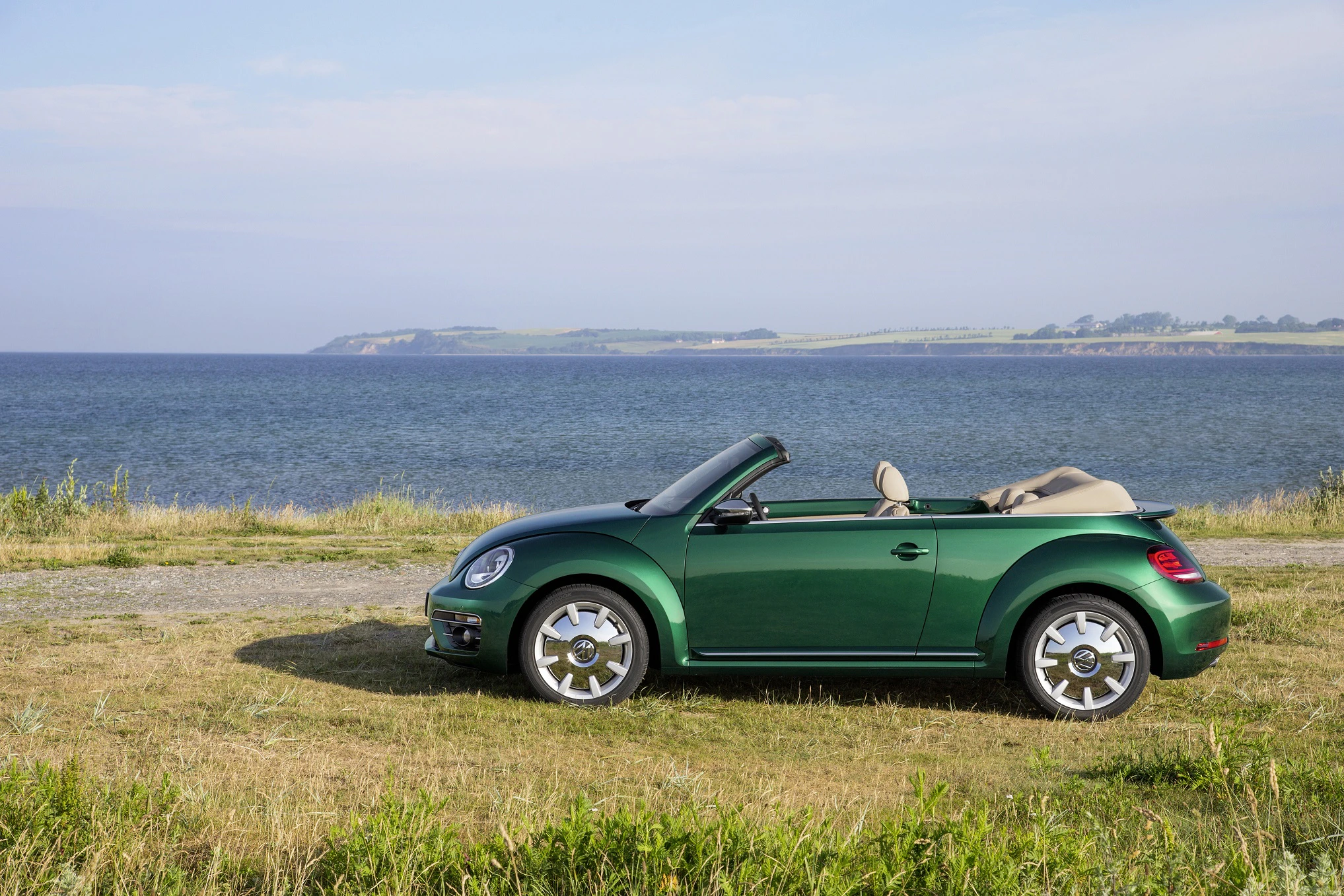 Grünes Cabrio parkt am Meer auf einem Grasfeld, bei klarem Himmel und ruhiger See im Hintergrund.