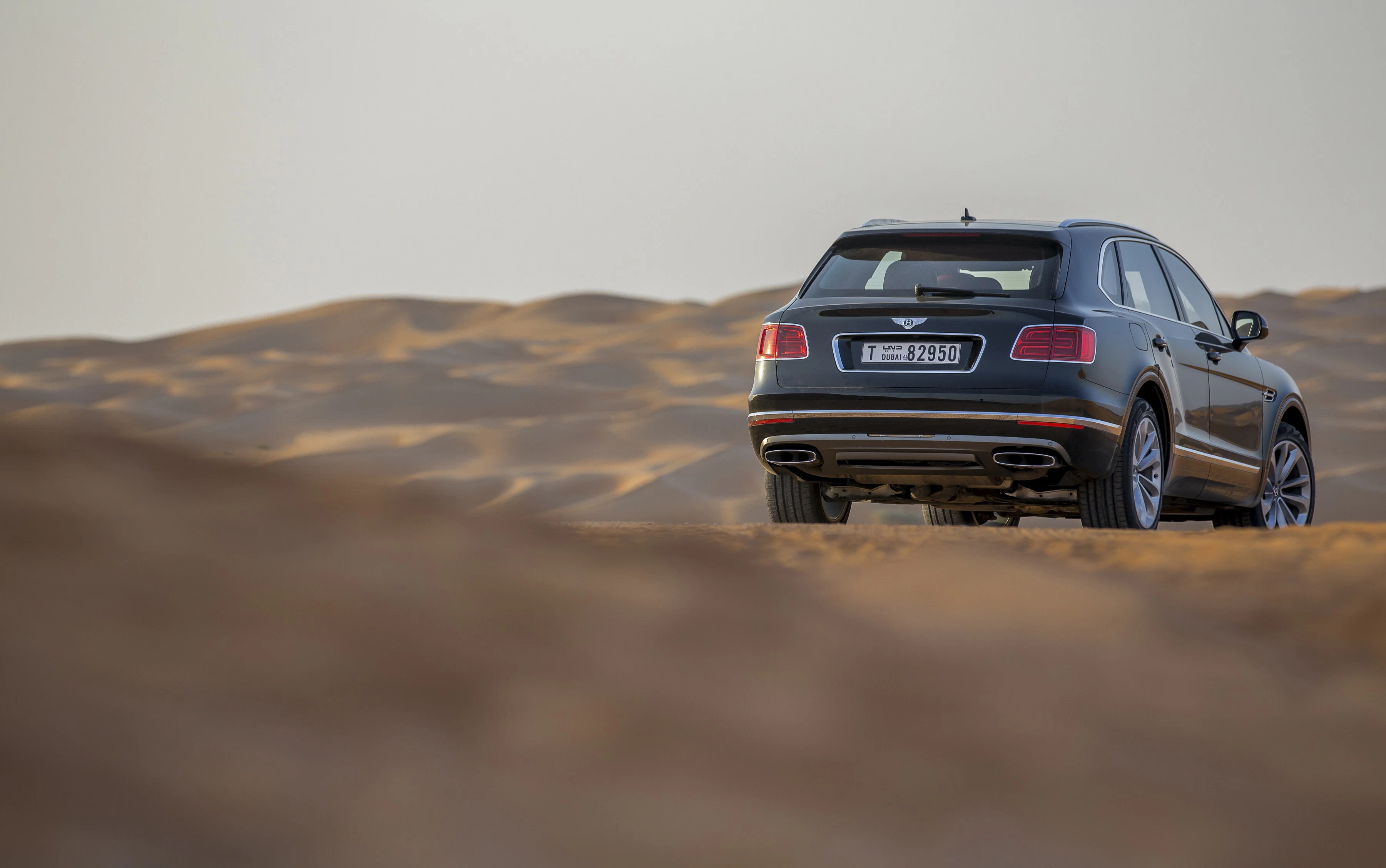 Ein schwarzer SUV fährt durch die sandige Wüste unter einem wolkenlosen Himmel.