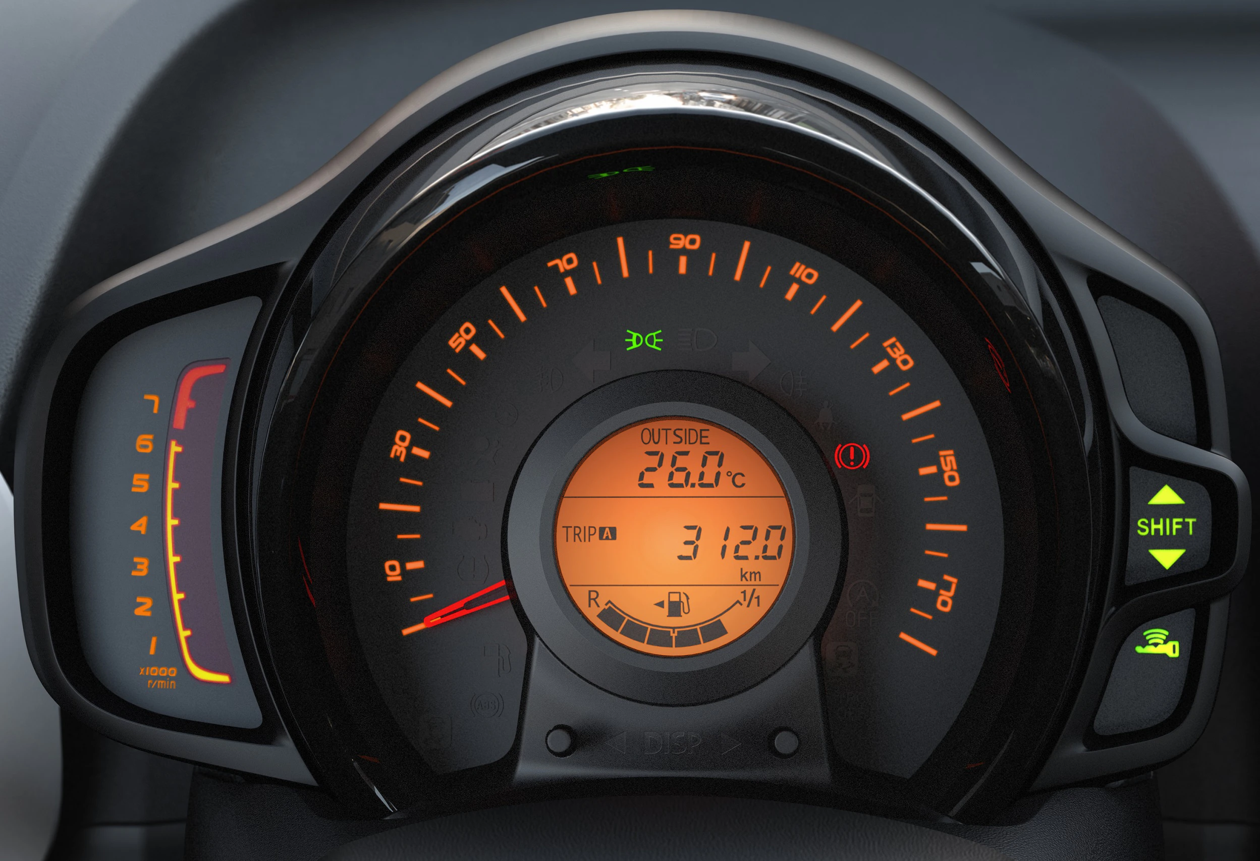 Digitales Autocockpit mit Tachometer, Geschwindigkeitsanzeige, Außentemperatur von 25°C und Kilometerstand von 3120 km, Tankanzeige links.
