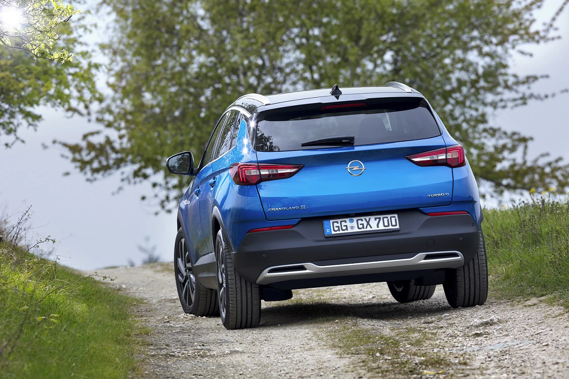 Blauer SUV, hintere Ansicht, fährt auf einem schmalen, unbefestigten Weg zwischen grünen Bäumen und Büschen.