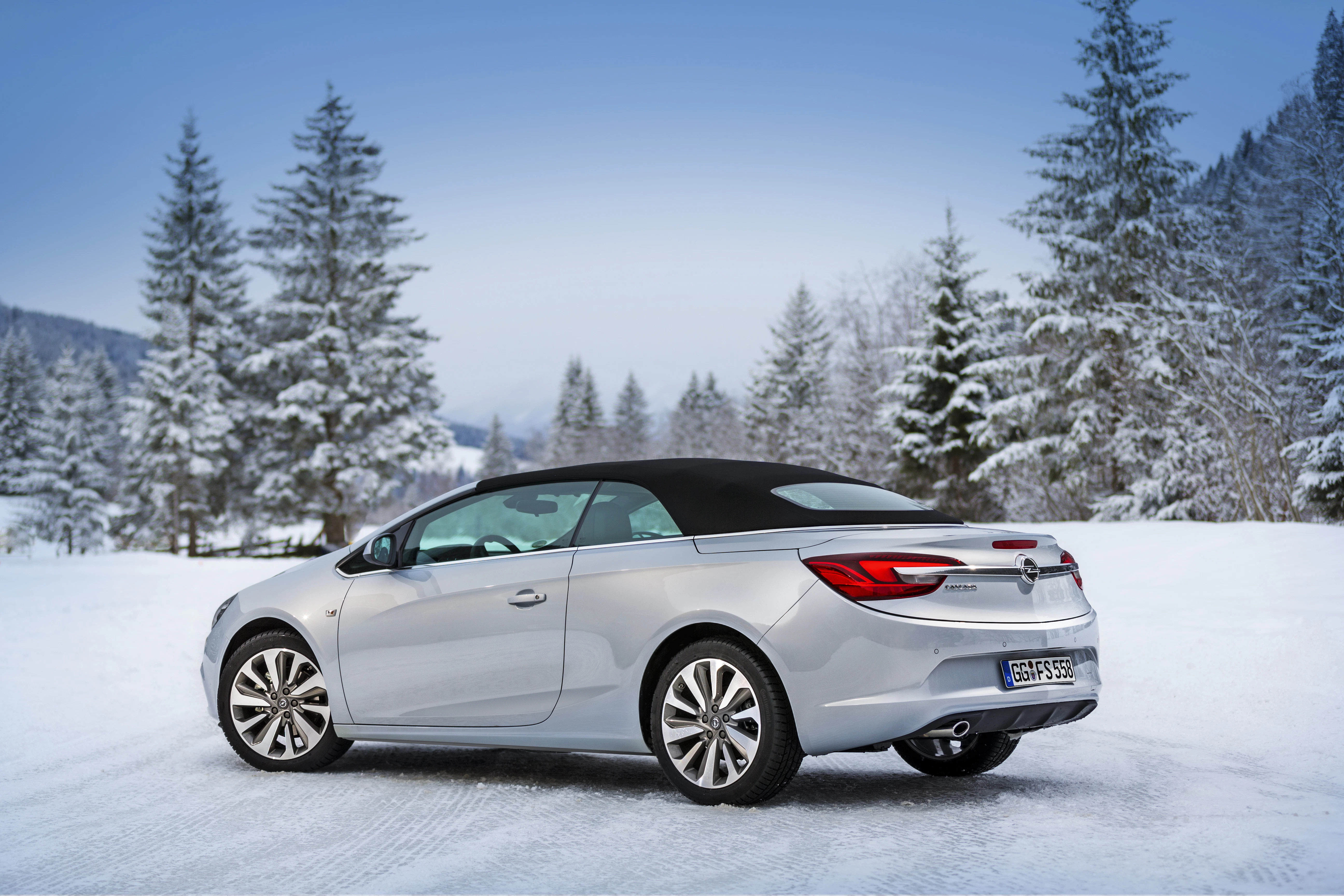 Silbernes Cabriolet mit schwarzem Dach auf verschneiter Straße vor schneebedeckten Bäumen und bewölktem Himmel.