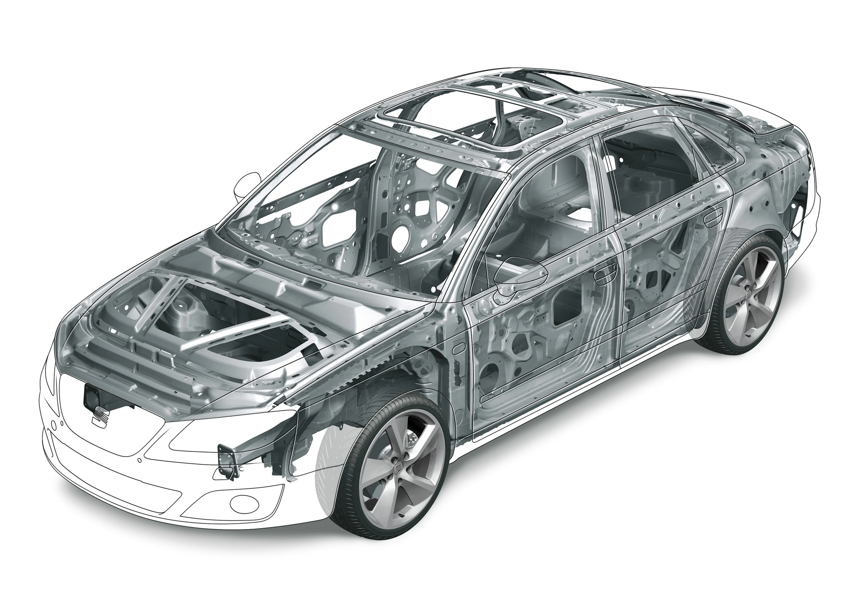 Transparente Autozeichnung mit sichtbarer Karosseriestruktur, inklusive Rahmen und Türen. Zeigt technische Details und Design des Fahrzeugs.
