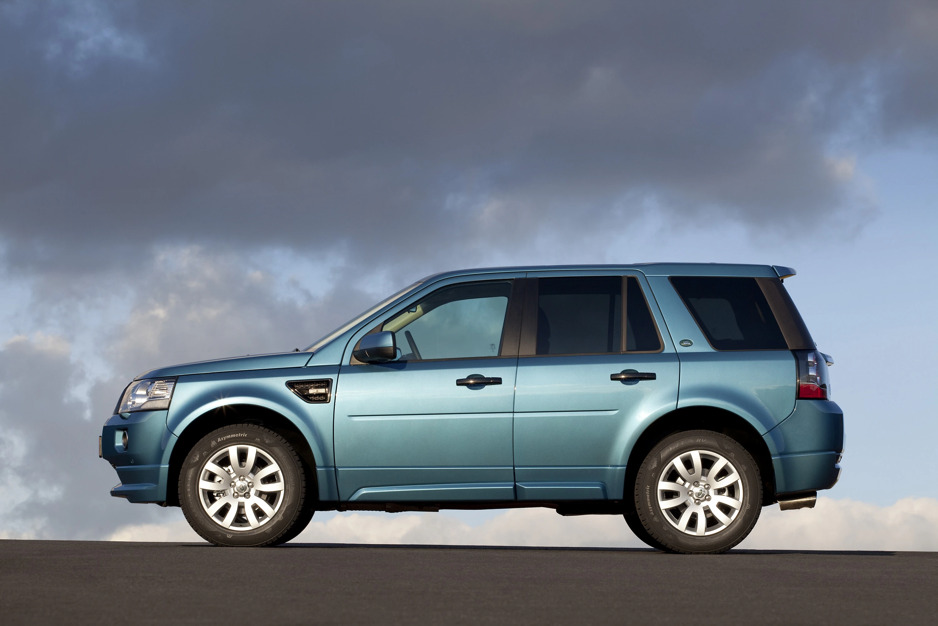 Blauer SUV, seitliche Ansicht, geparkt auf Asphalt vor bewölktem Himmel.