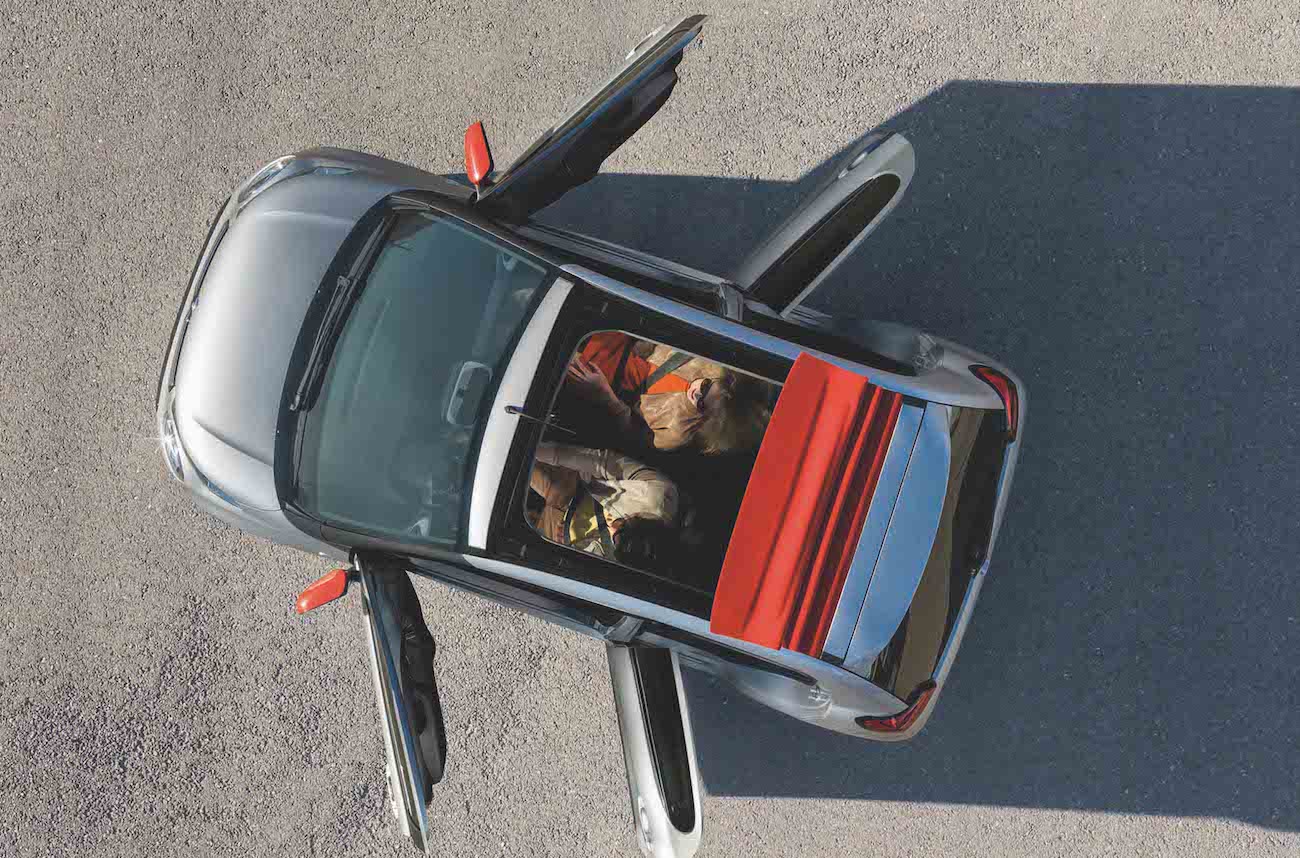 Draufsicht auf ein Auto mit geöffneten Türen und Panoramadach, zwei Personen und ein Hund schauen heraus.