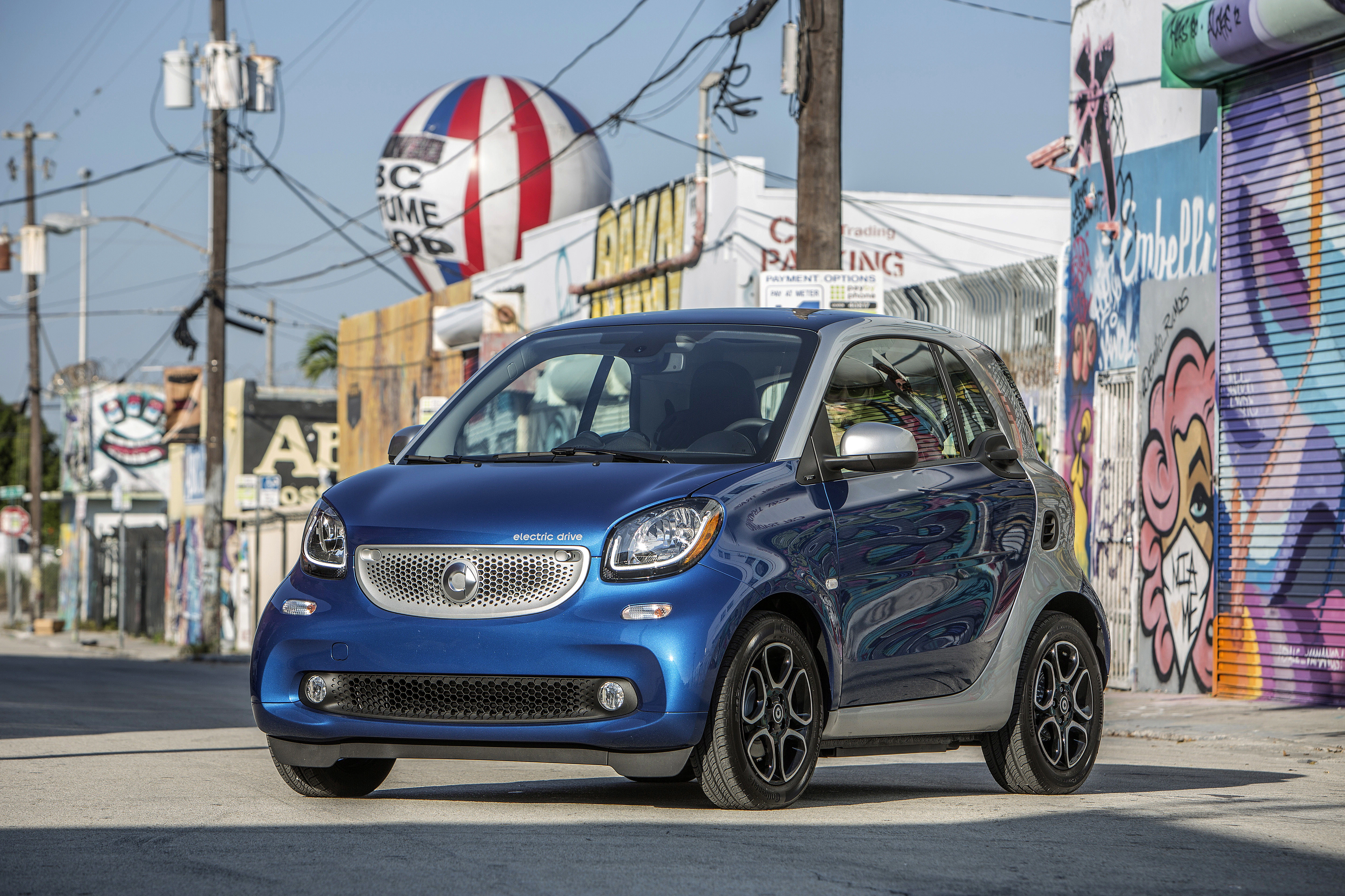 Blauer Smart Fortwo steht in urbaner Umgebung mit Graffiti an den Wänden und einem großen Ballon im Hintergrund.