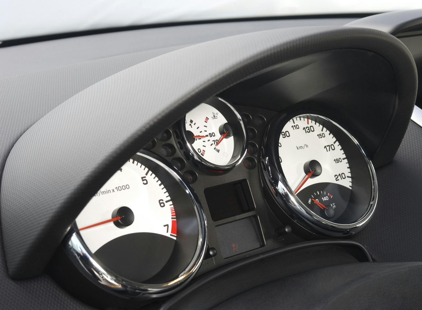 Nahaufnahme eines Auto-Tachometers mit weißen Zifferblättern und Chromrändern. Anzeigen für Geschwindigkeit und Drehzahl sind sichtbar.