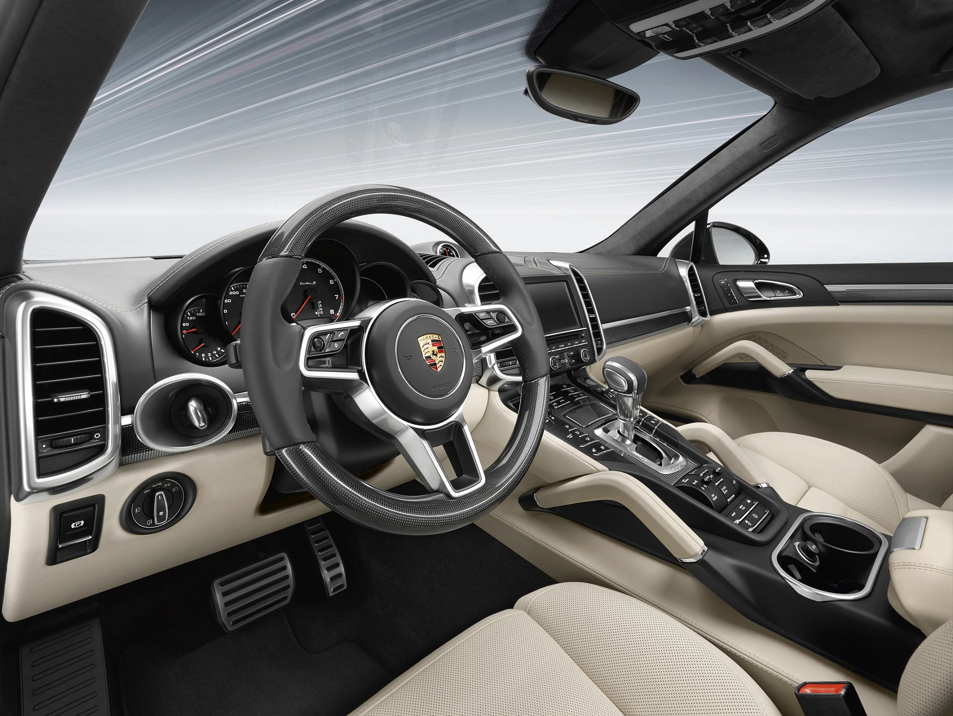 Innenraum eines modernen Autos mit Lederlenkrad, digitalem Display und hellen Ledersitzen, futuristisches Design.