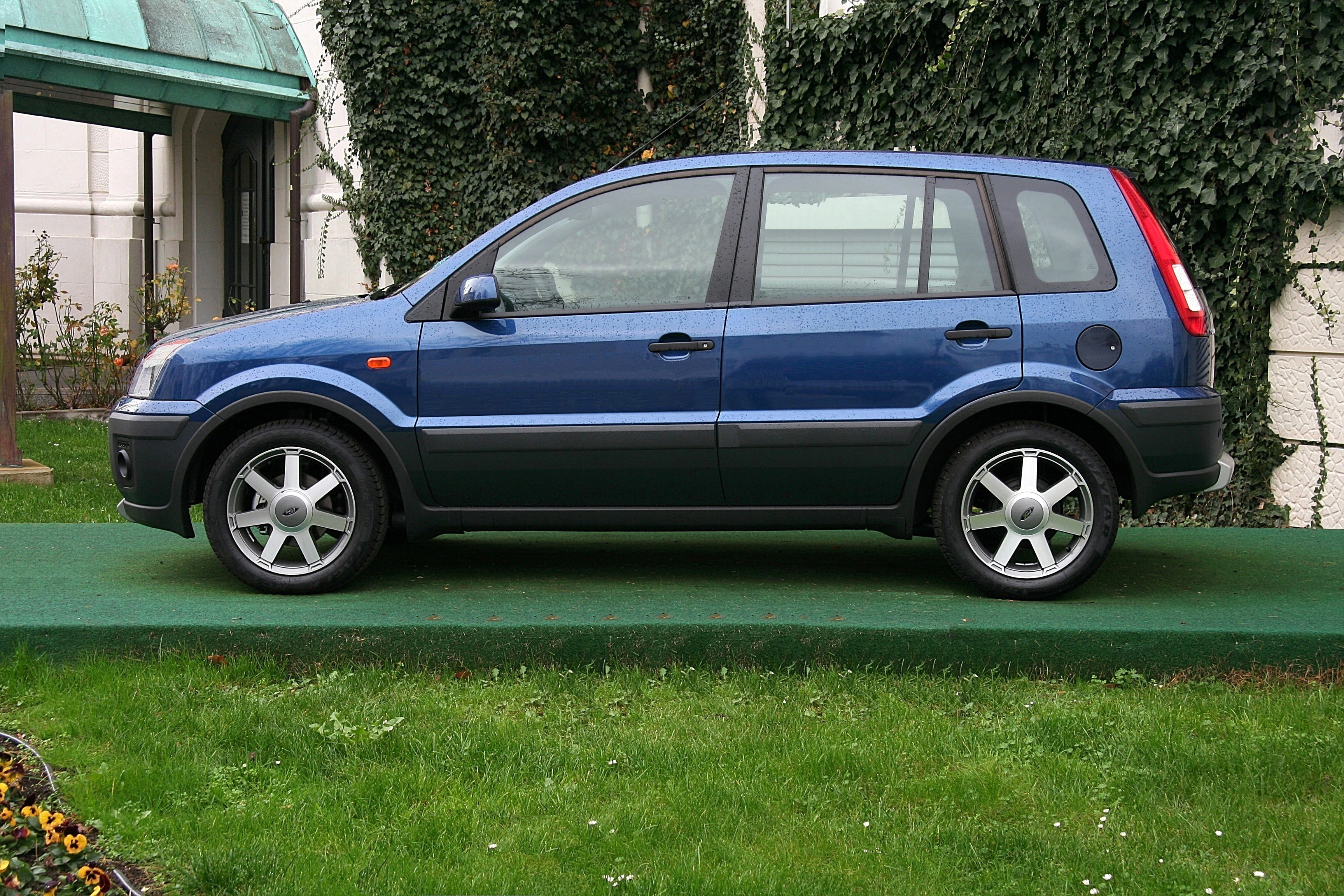 Blauer SUV-Pkw auf grünem Rasen parkend, Hintergrund mit einer Wand bewachsen mit Efeu. Seitenansicht des Fahrzeugs.