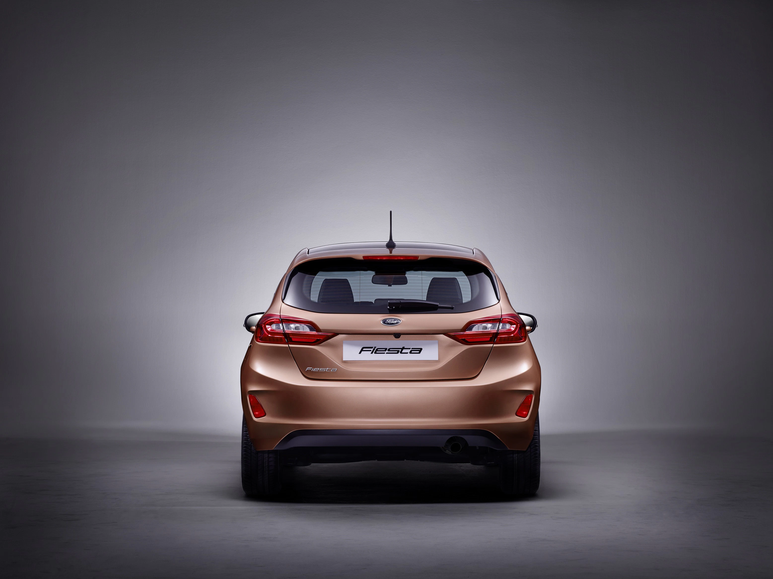 Rückansicht eines kupferfarbenen Ford Fiesta vor grauem Hintergrund, mit Markenlogo und Modellnamen sichtbar.